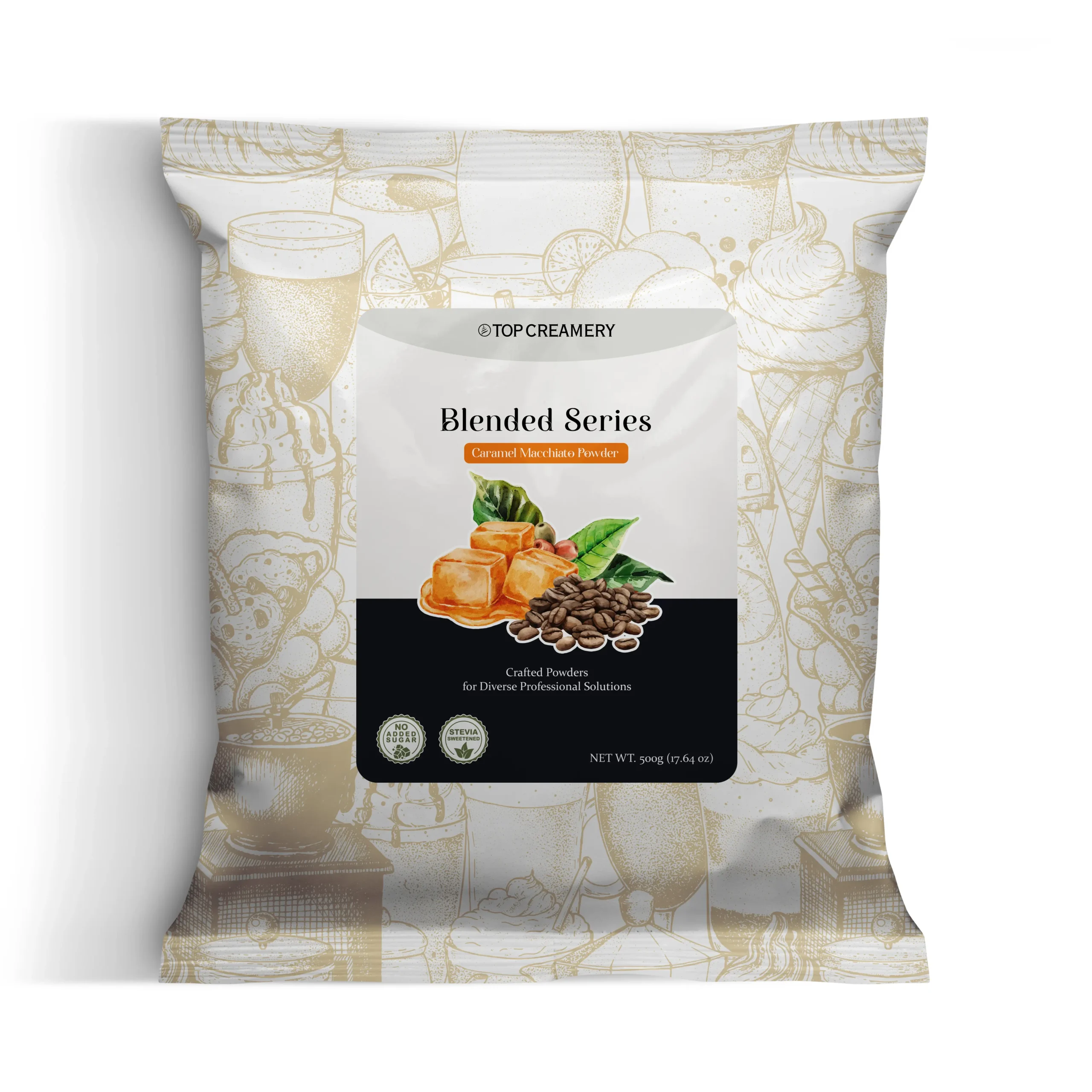 Blended Series Caramel Macchiato Powder 500g packaging with layered caramel coffee drink and pancakes