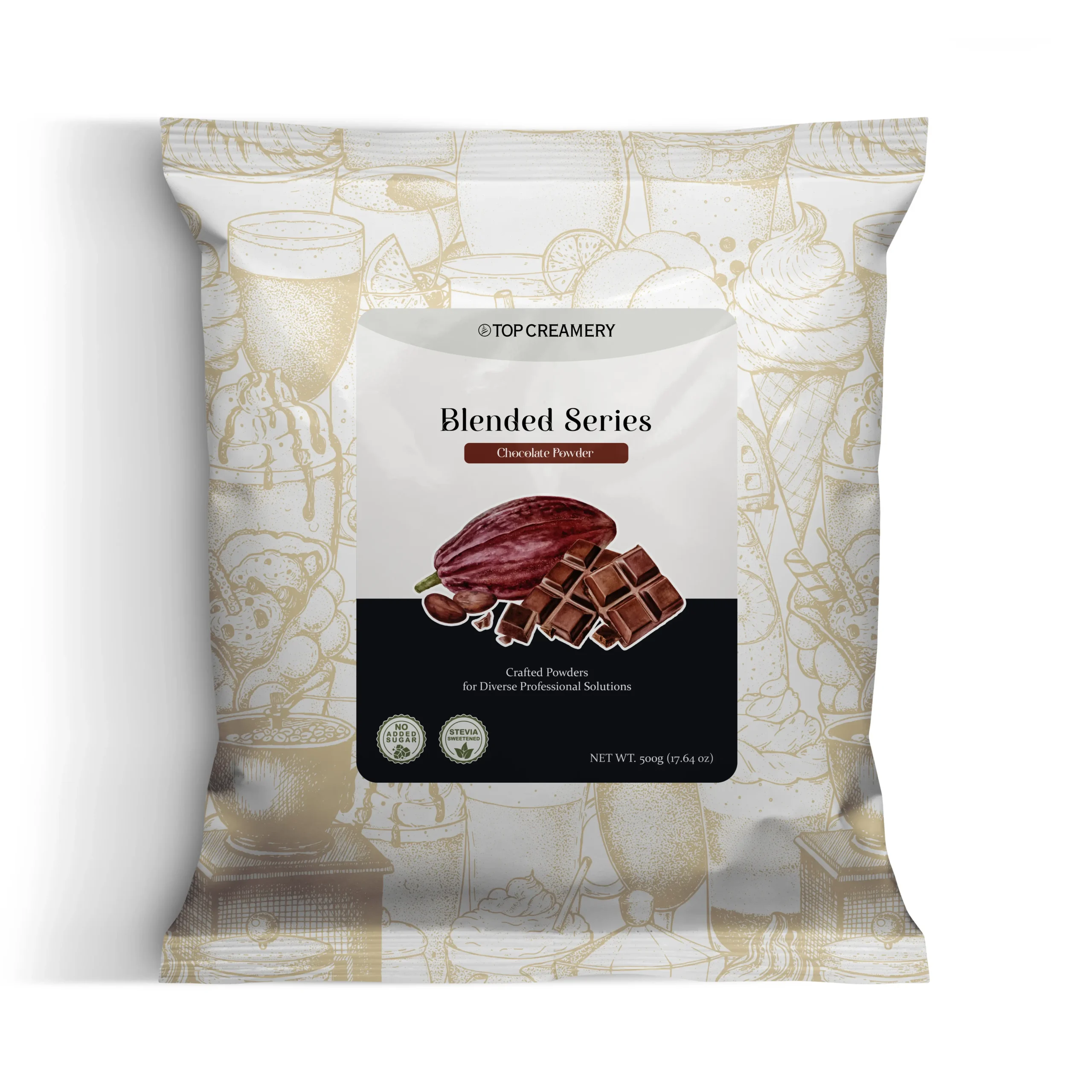 Blended Series Chocolate Powder 500g packaging with chocolate pancakes and creamy chocolate drink