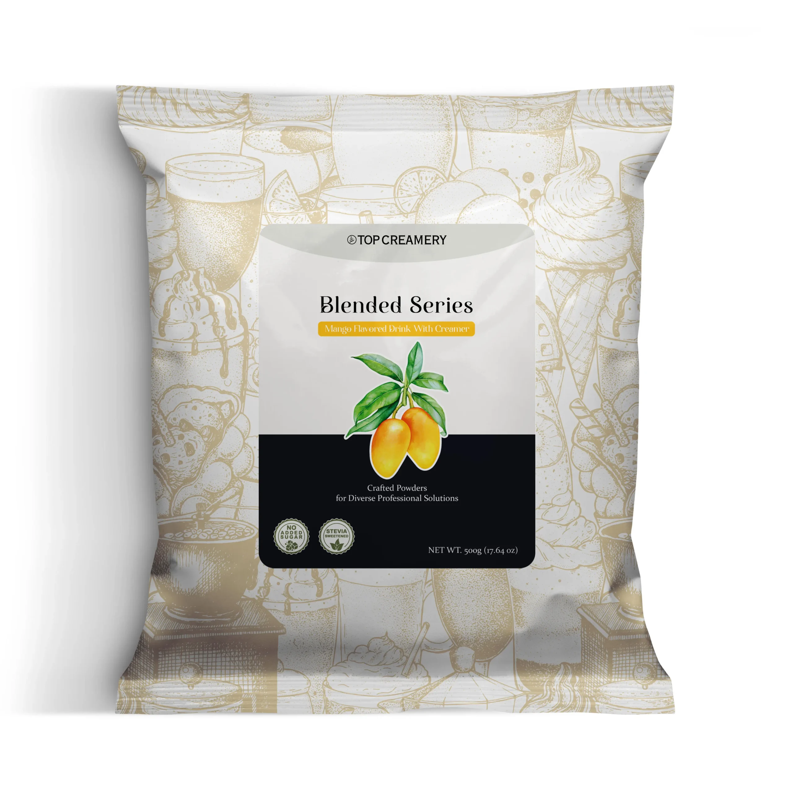 Blended Series Mango Powder 500g packaging with mango drink and mango dessert cubes