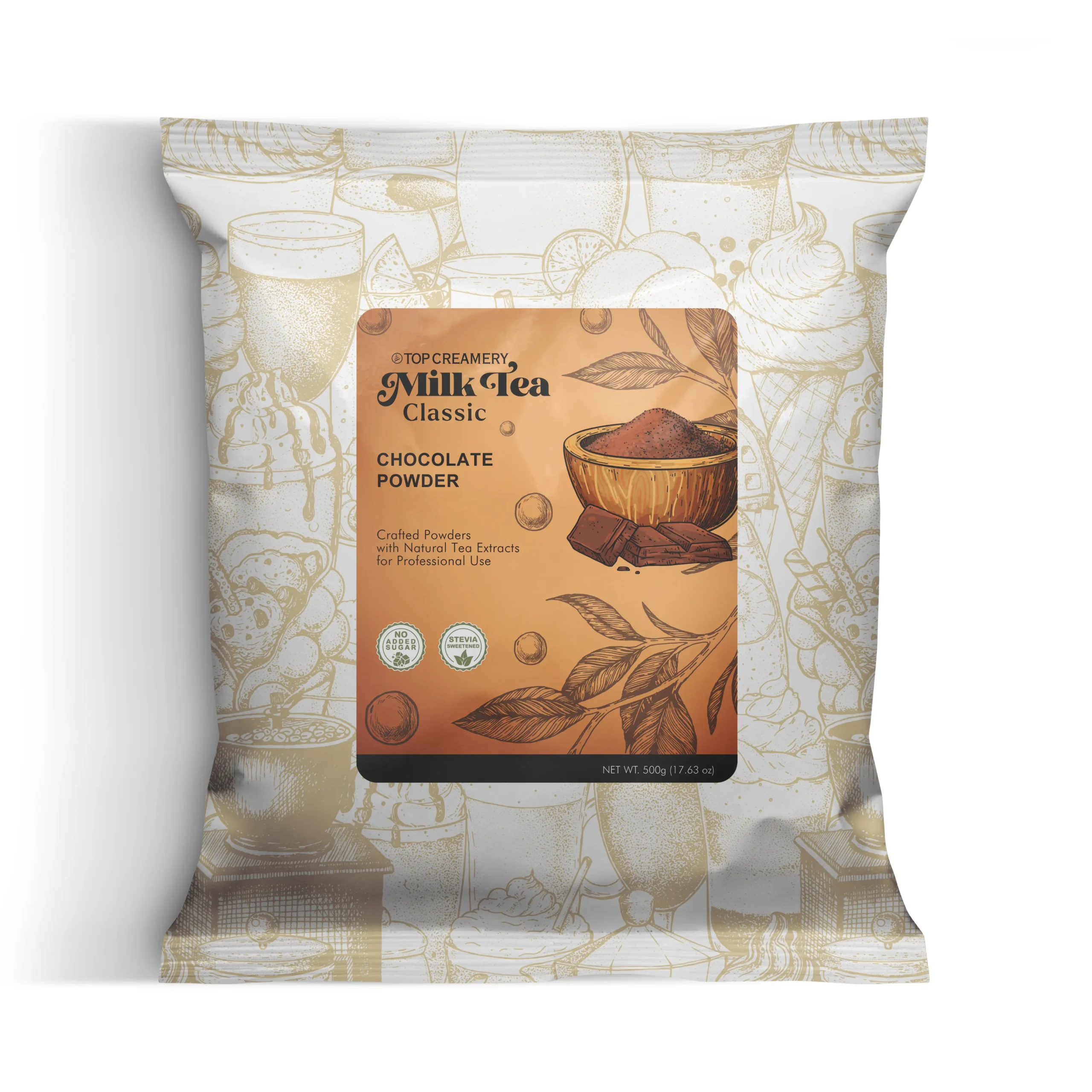 Milktea Series Chocolate Powder 500g packaging with chocolate milk tea and chocolate dessert