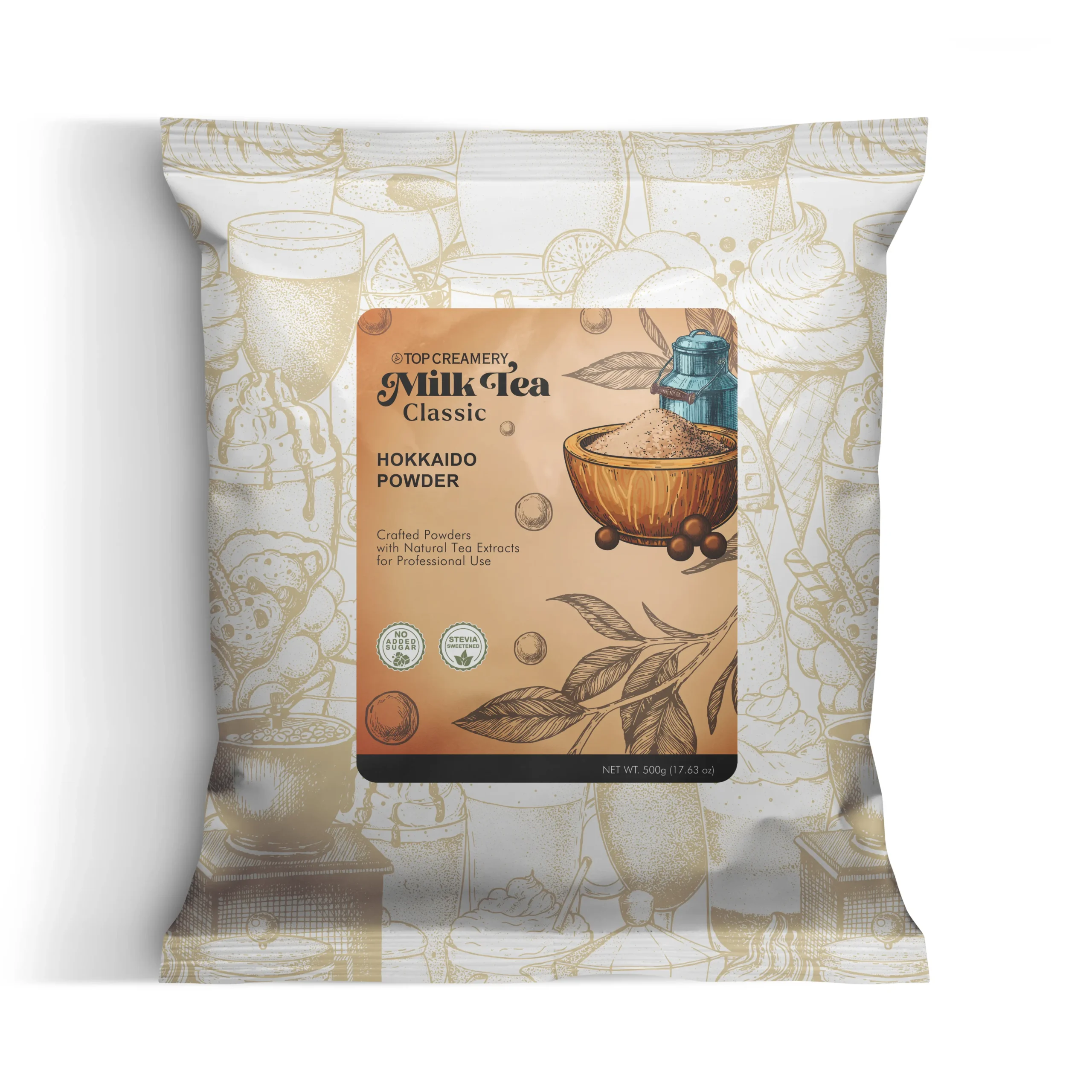 Milktea Series Hokkaido Powder 500g packaging with creamy Hokkaido milk tea and dessert cake