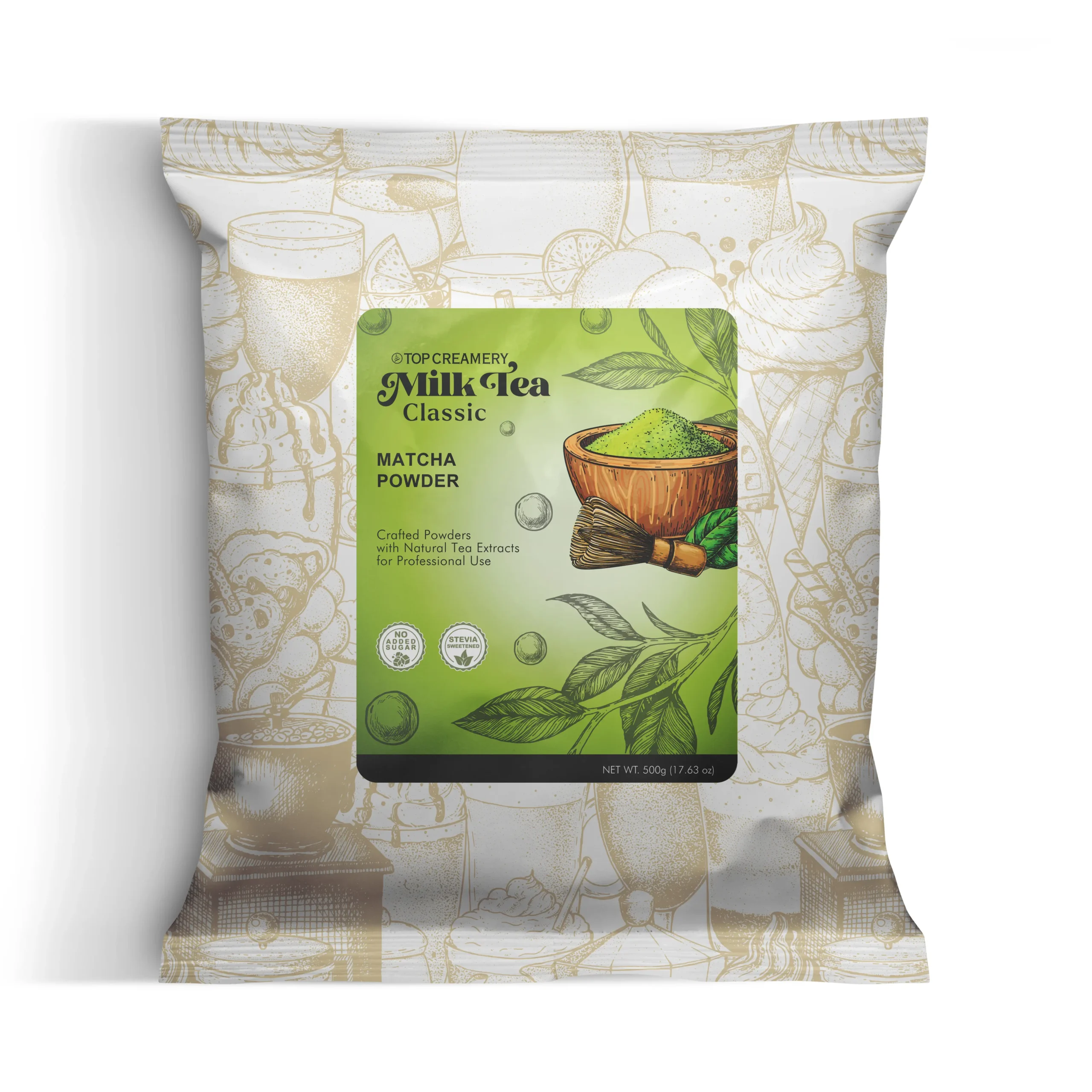 Milktea Series Matcha Powder 500g packaging with matcha milk tea and green tea desserts