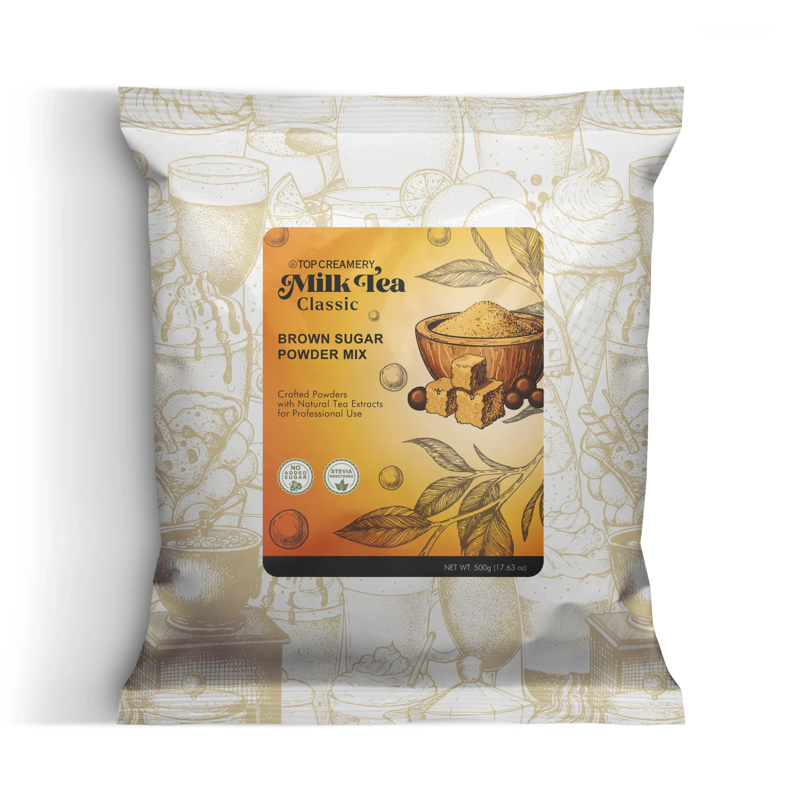 Milktea Series Brown Sugar Powder 500g packaging with brown sugar milk tea and caramelized dessert pastries