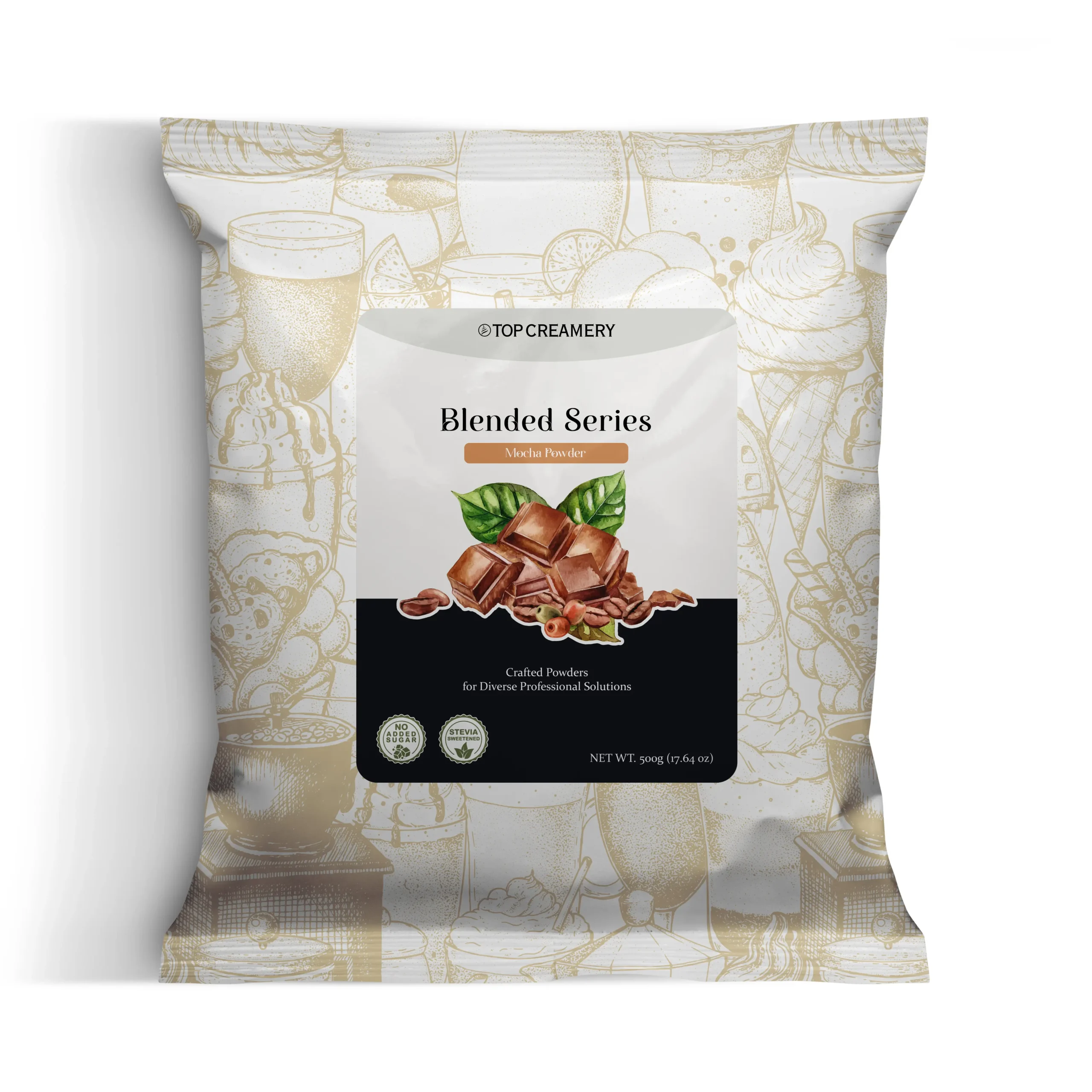 Blended Series Mocha Powder 500g packaging with mocha coffee drink and chocolate cupcakes