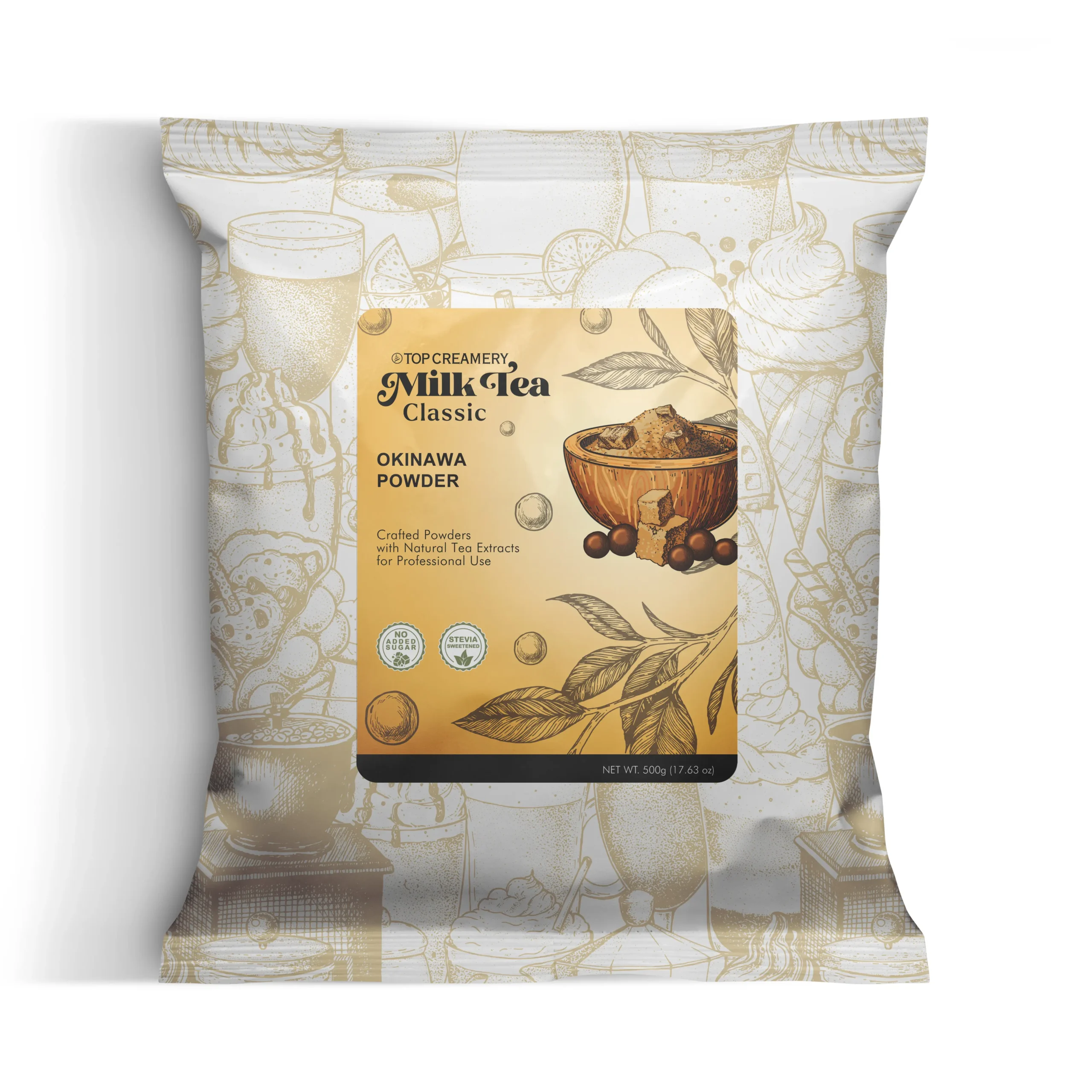 Milktea Series Okinawa Powder 500g packaging with Okinawa milk tea and caramel dessert