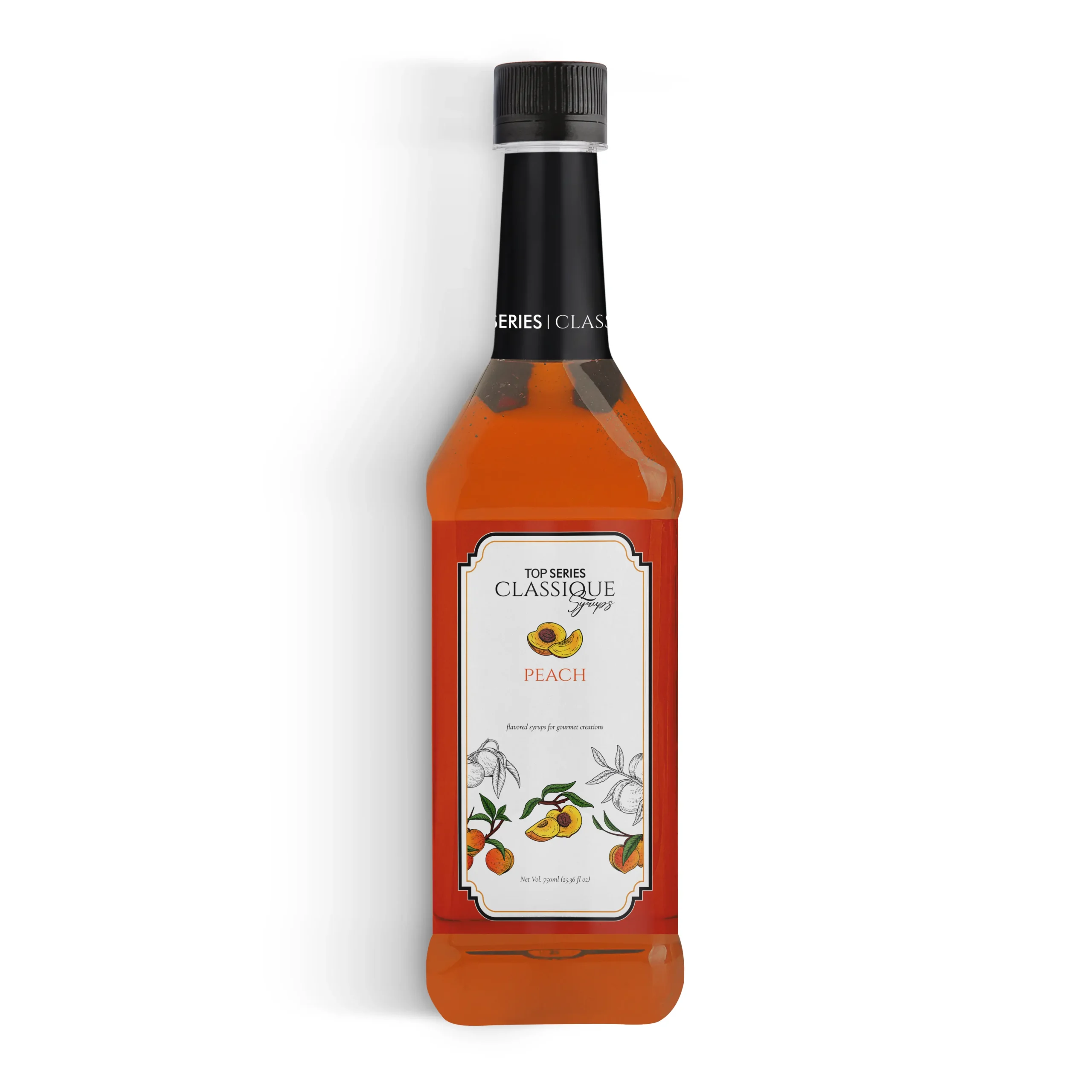 Four bottles of peach syrup lined up in a row