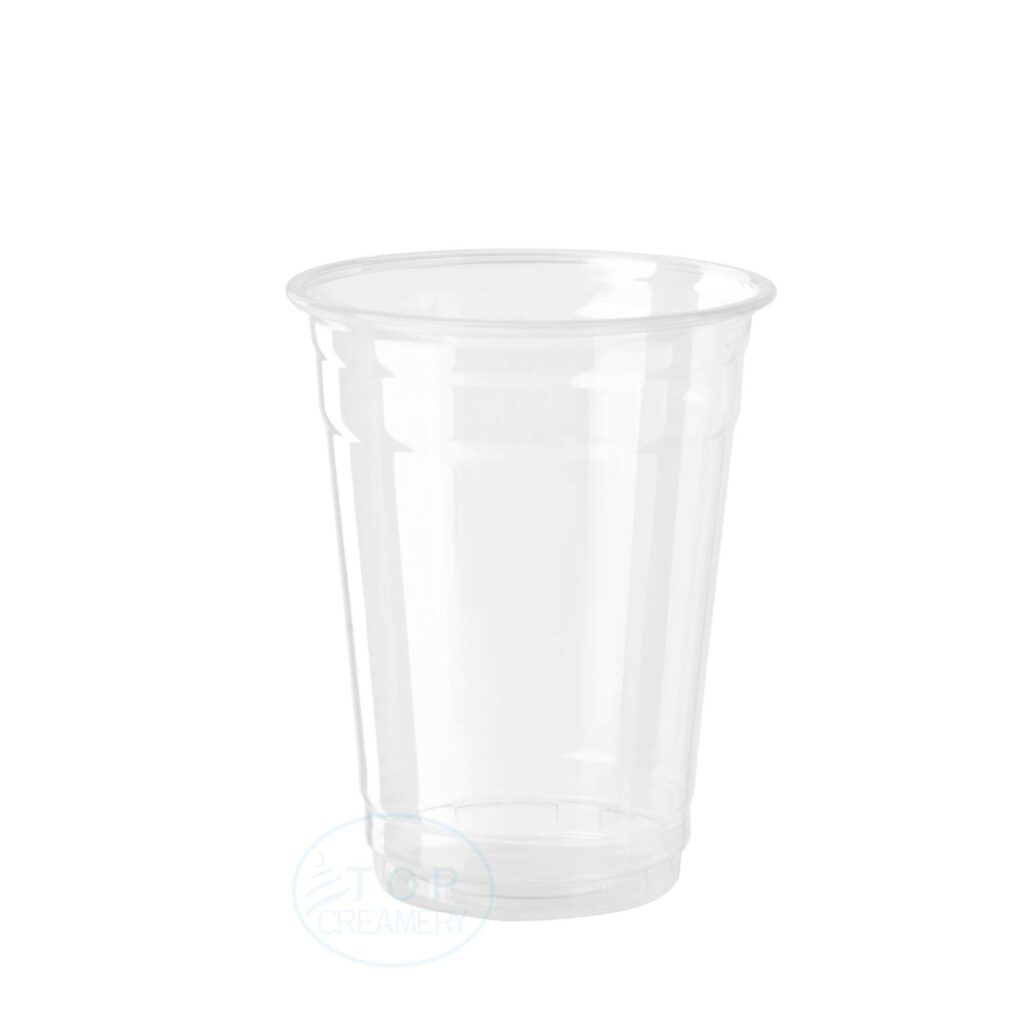 Clear disposable plastic cup on a white background with no contents.
