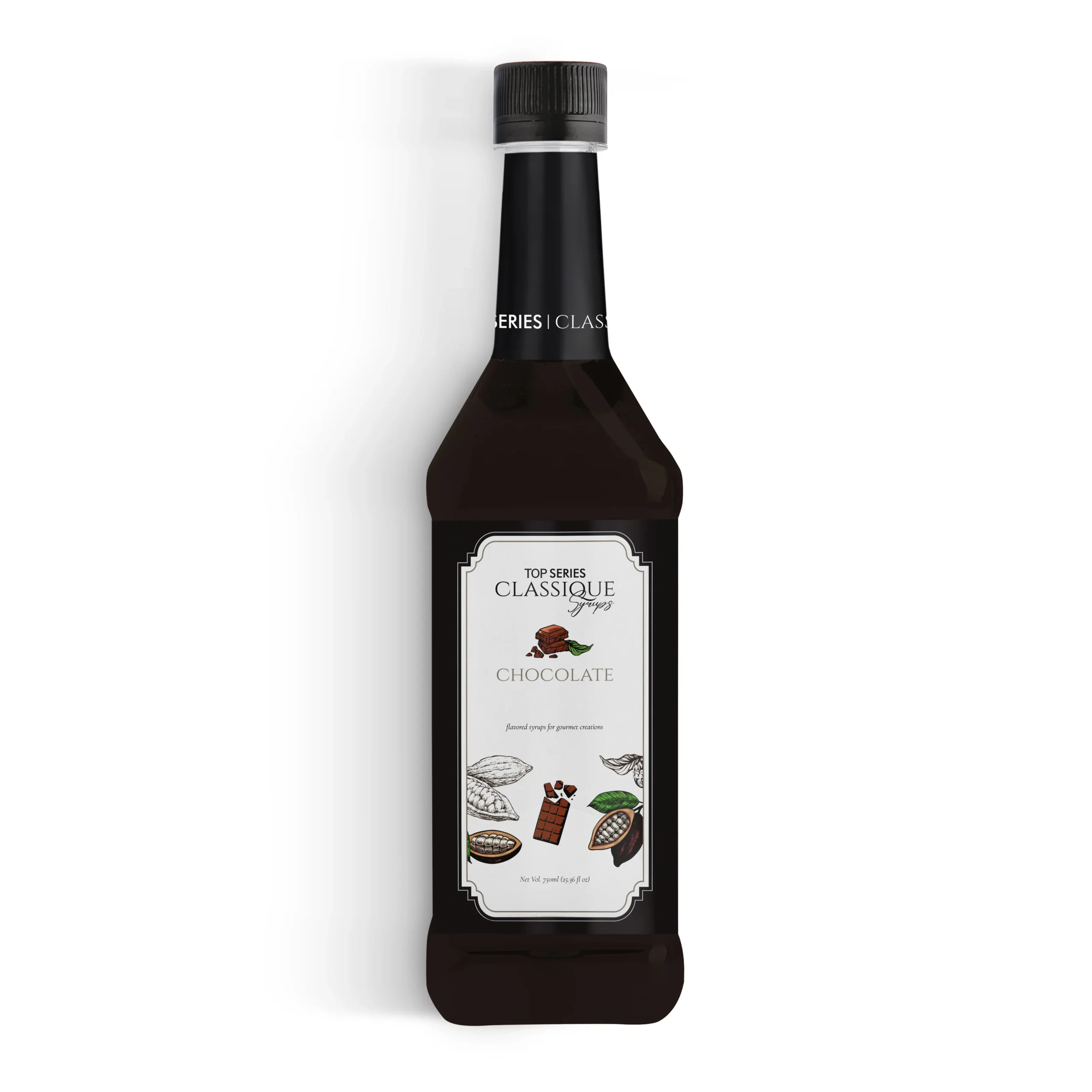 Row of four syrup bottles with black caps