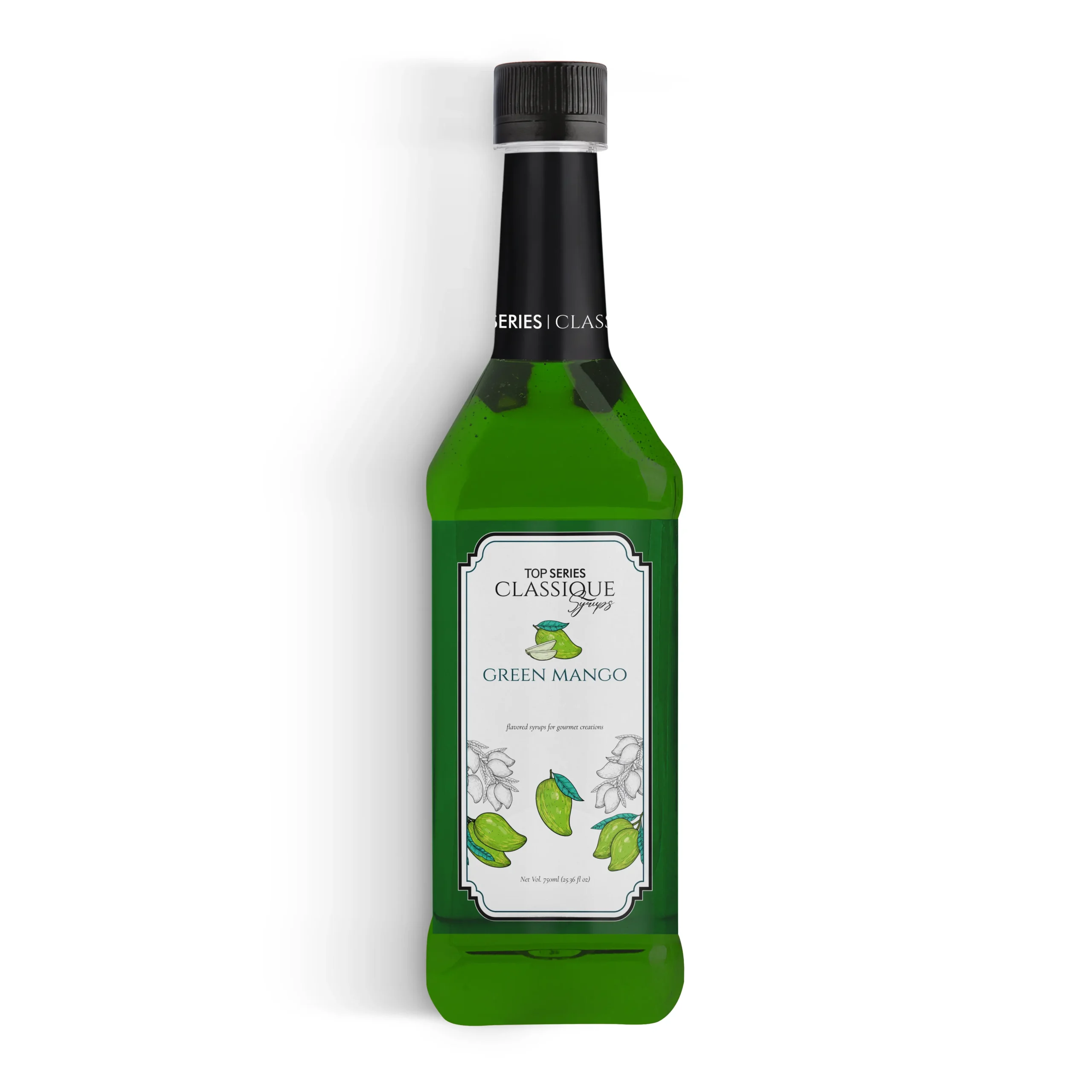 Row of four green glass bottles with black caps