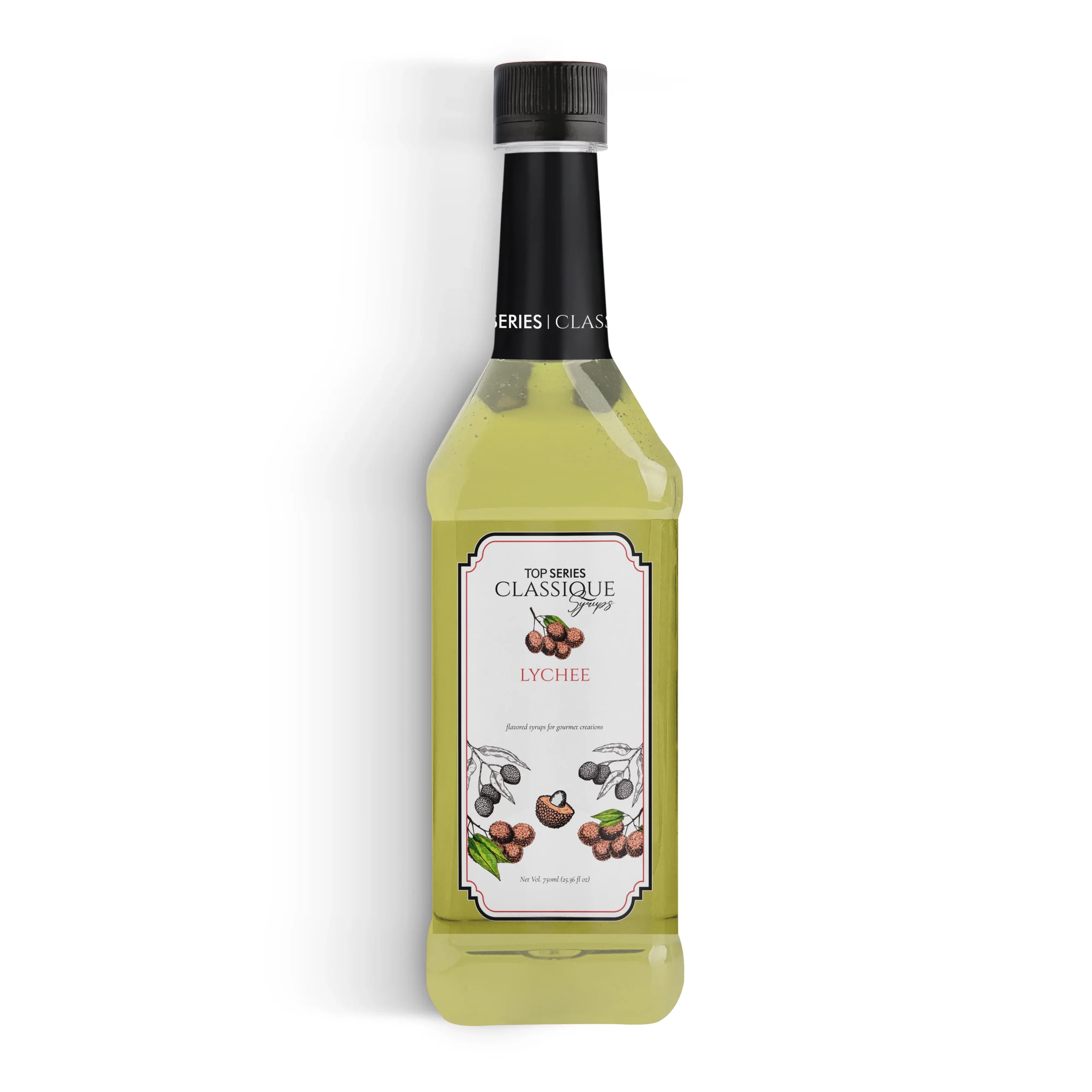 Four lychee syrup bottles from a top-series line