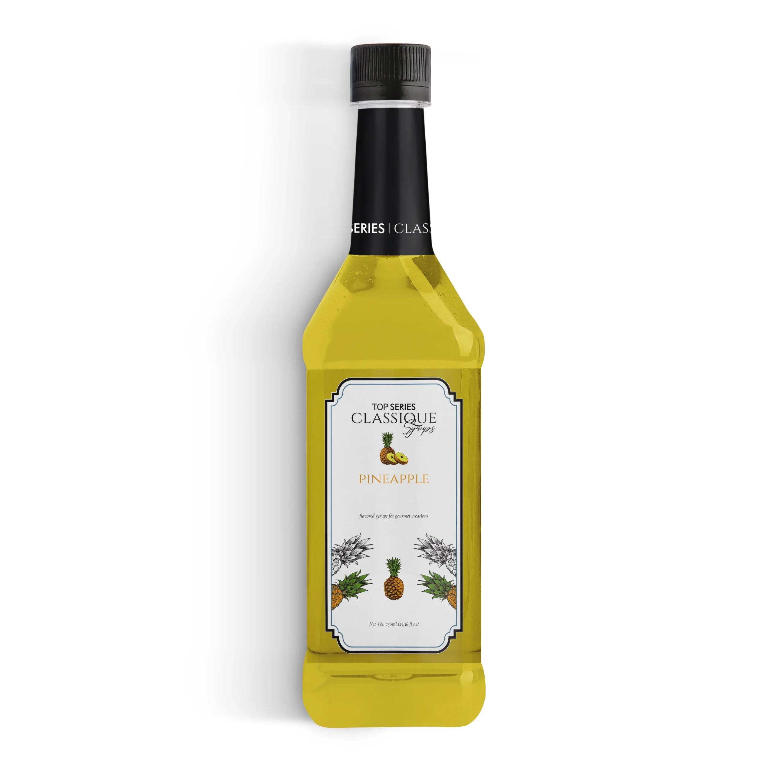 Four yellow bottles with black caps arranged in a row