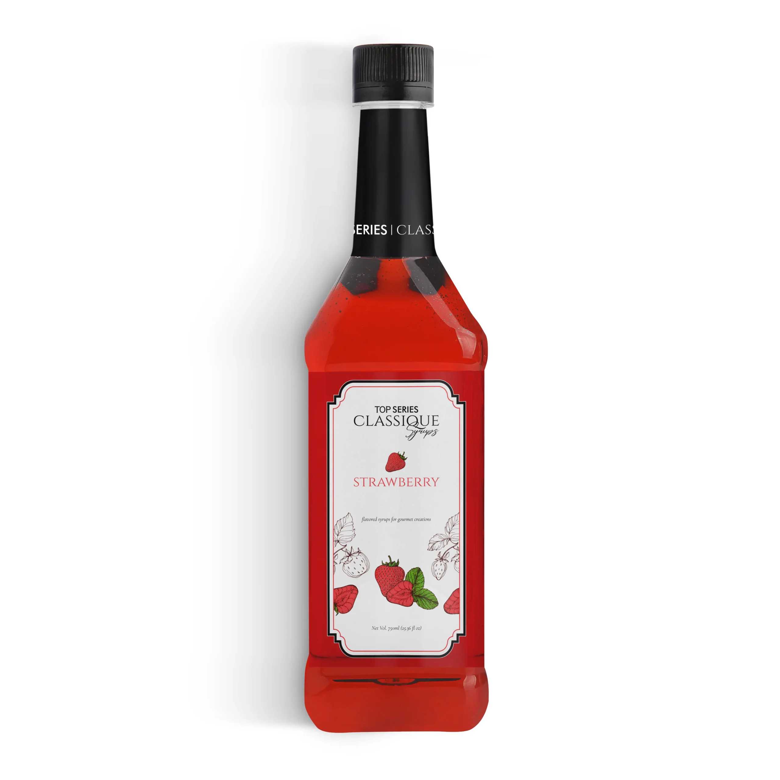 four bottles with black caps containing strawberry syrup