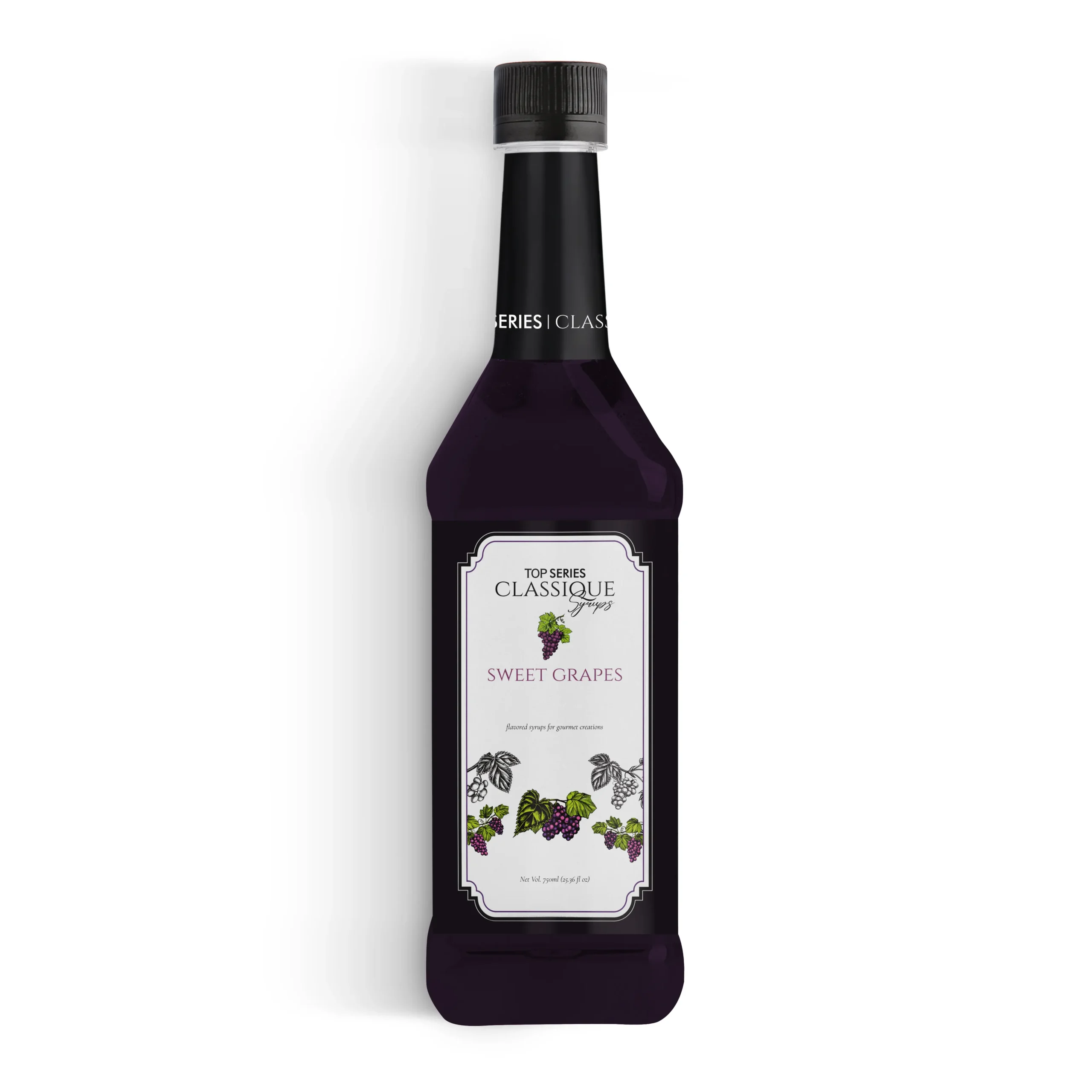 Row of four dark wine bottles with black caps and grape-themed labels