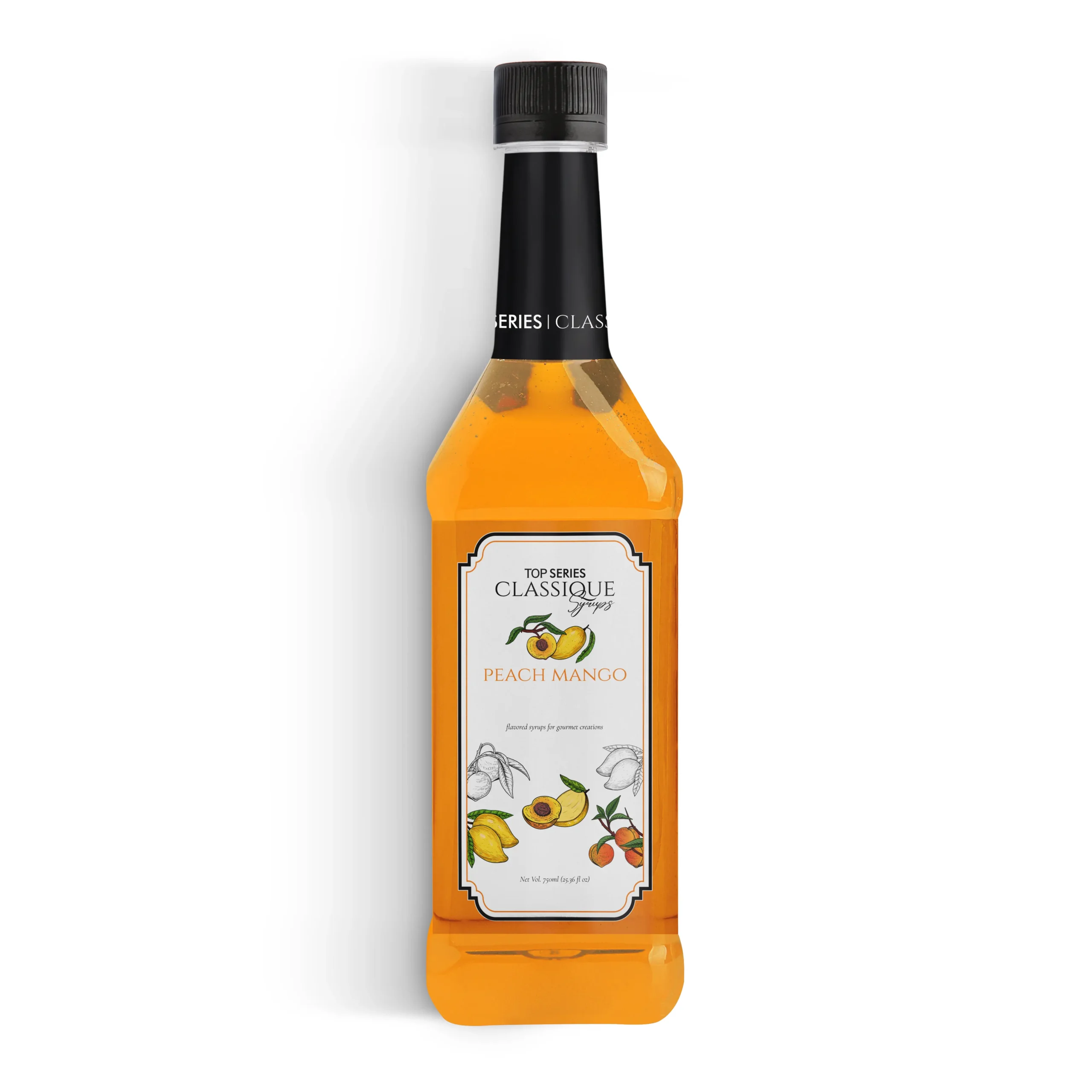 Four bottles lined up in a row with black caps and white labels featuring peach mango illustrations and text