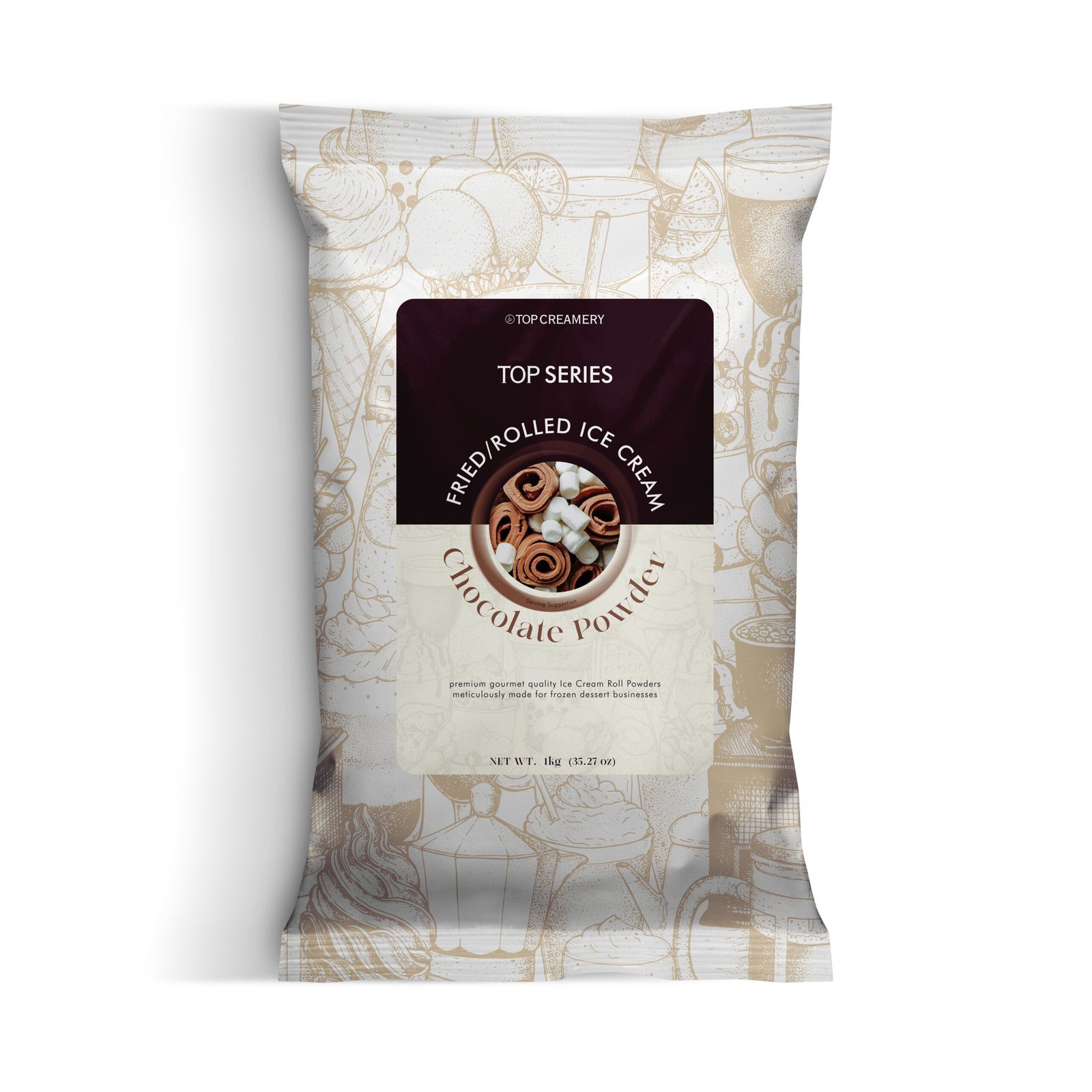 Front view of a standing ice cream packaging bag with a beige illustrated pattern and a dark maroon label reading 'TOP SERIES' and 'TOP CREAMERY'.