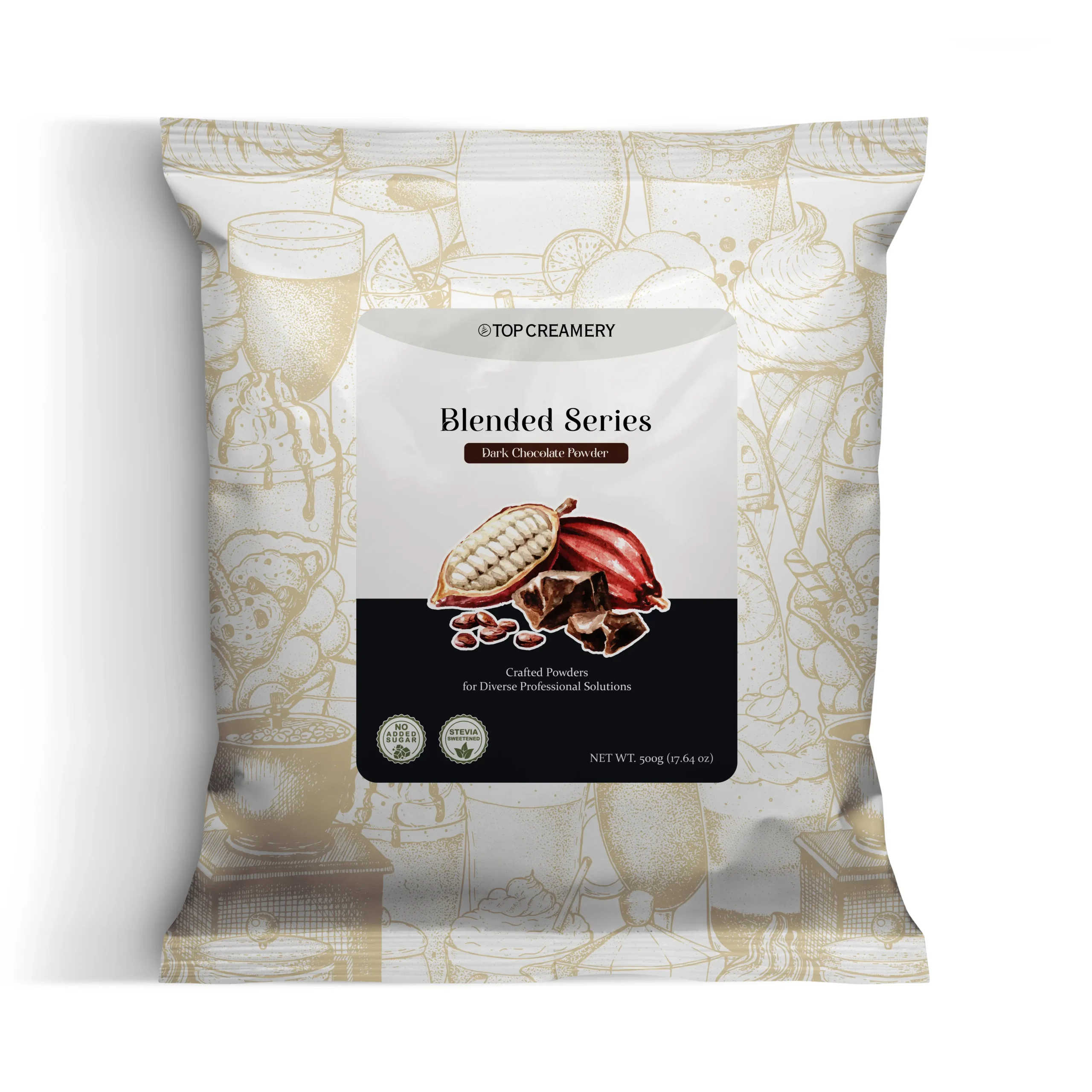 Blended Series Dark Chocolate Powder 500g packaging with rich chocolate brownies and cocoa drink