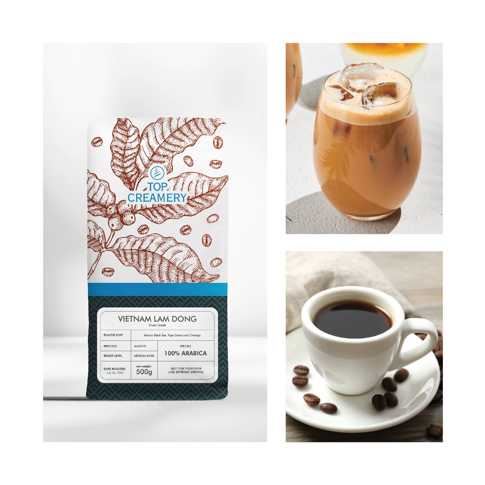 Bag featuring red botanical illustrations and blue 'Top Creamery' text on a white background (left panel).