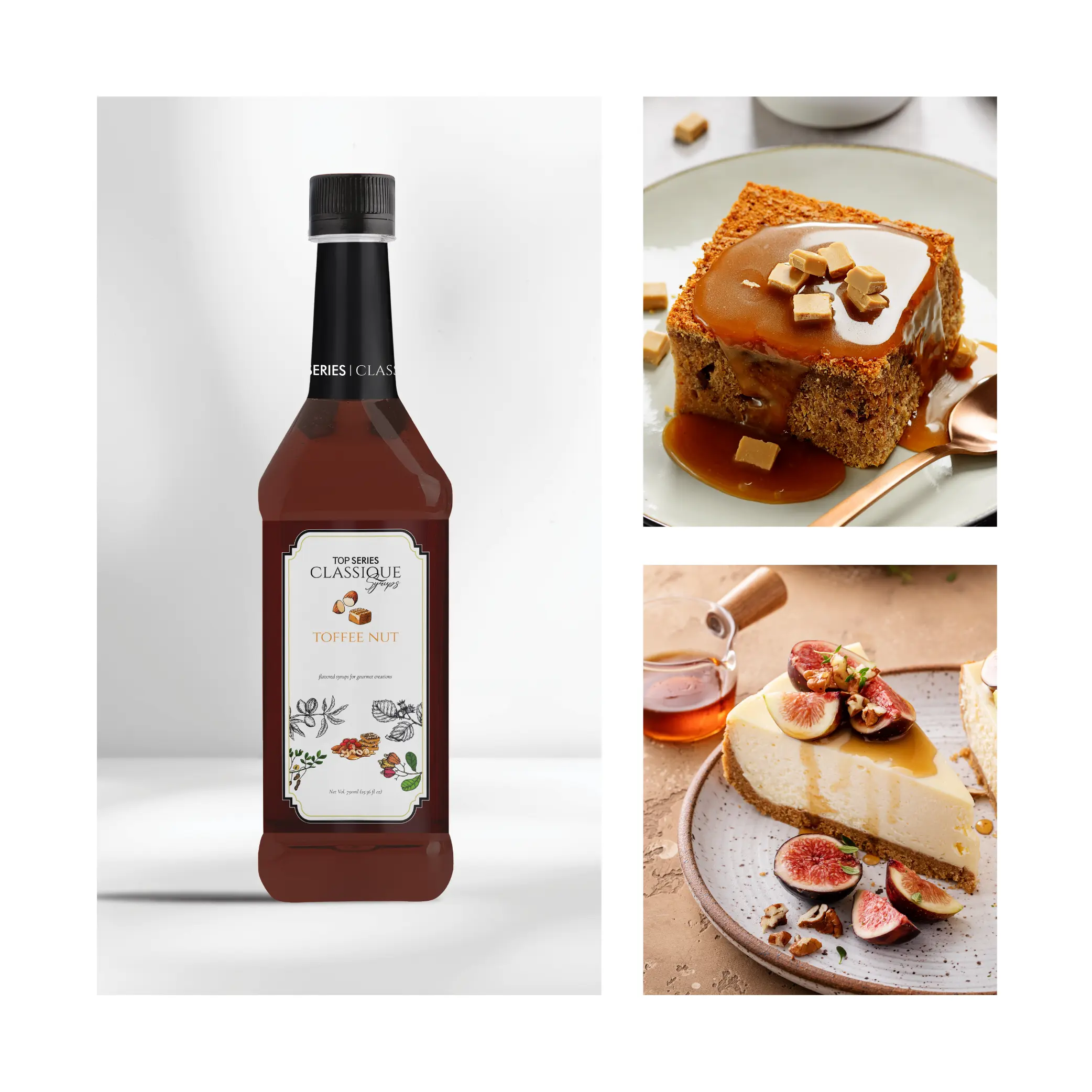 Close-up of a brown syrup bottle with a black cap against a light background (left panel). Right panel shows a caramel cake slice with sauce and chopped nuts.