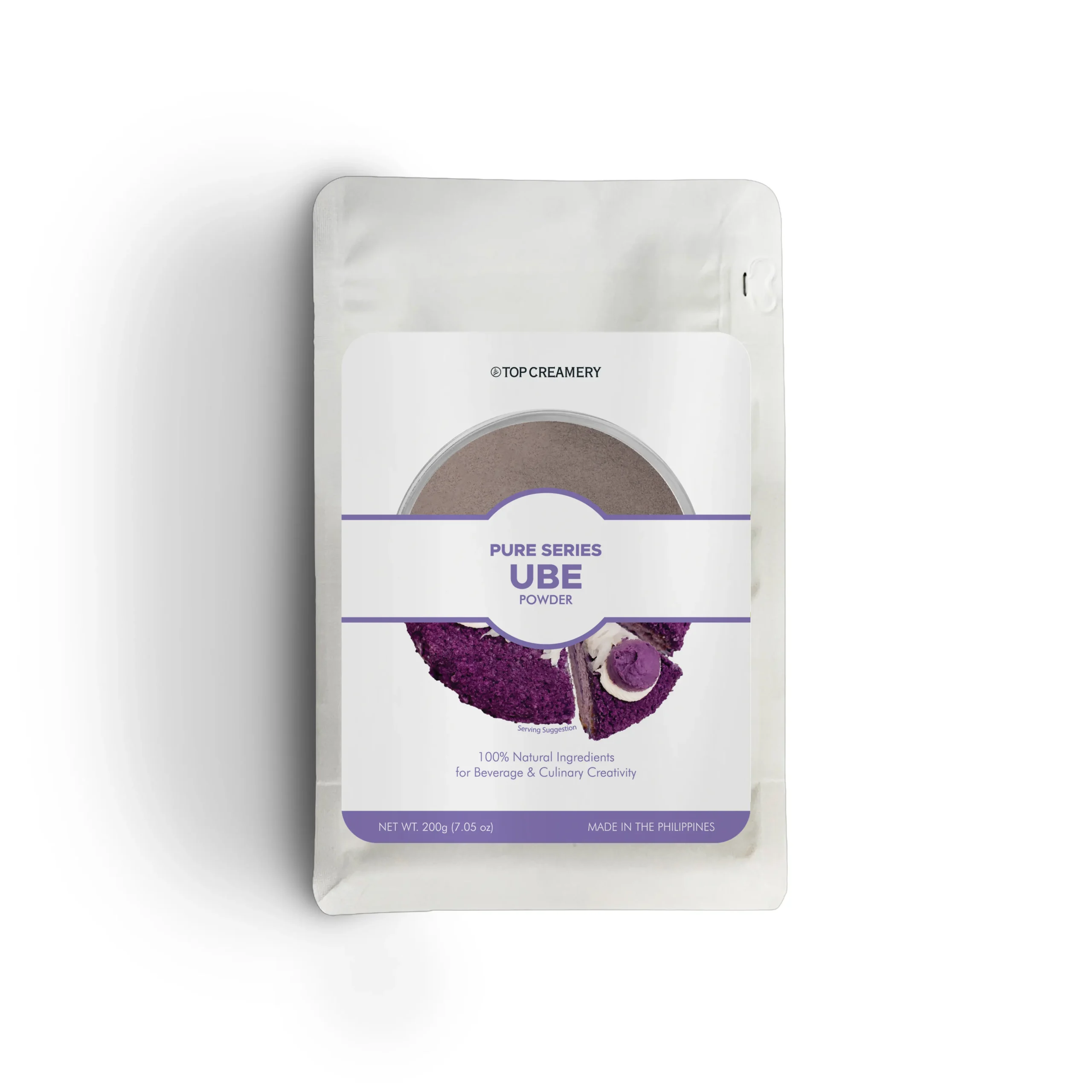 White stand-up pouch labeled Top Creamery Pure Series UBE Powder
