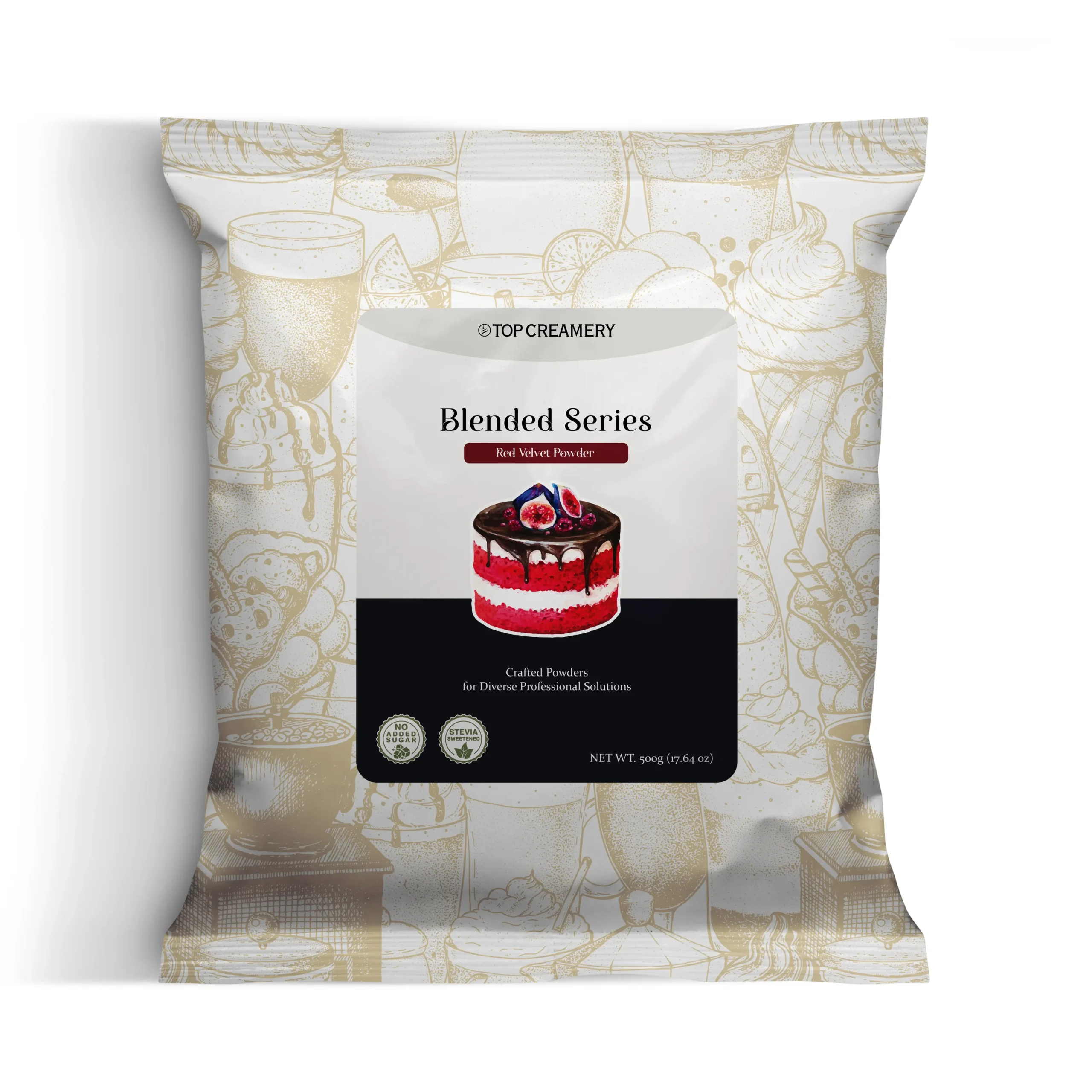 Blended Series Red Velvet Powder 500g packaging with prepared red velvet cake and dessert drink