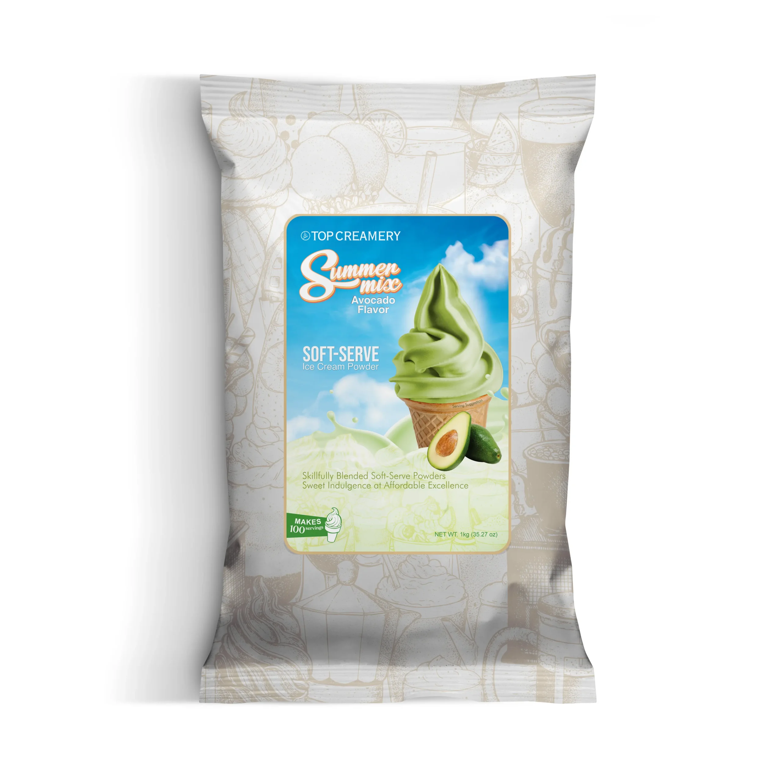 Package front for Top Creamery Summer Mix Avocado Flavor soft-serve ice cream powder