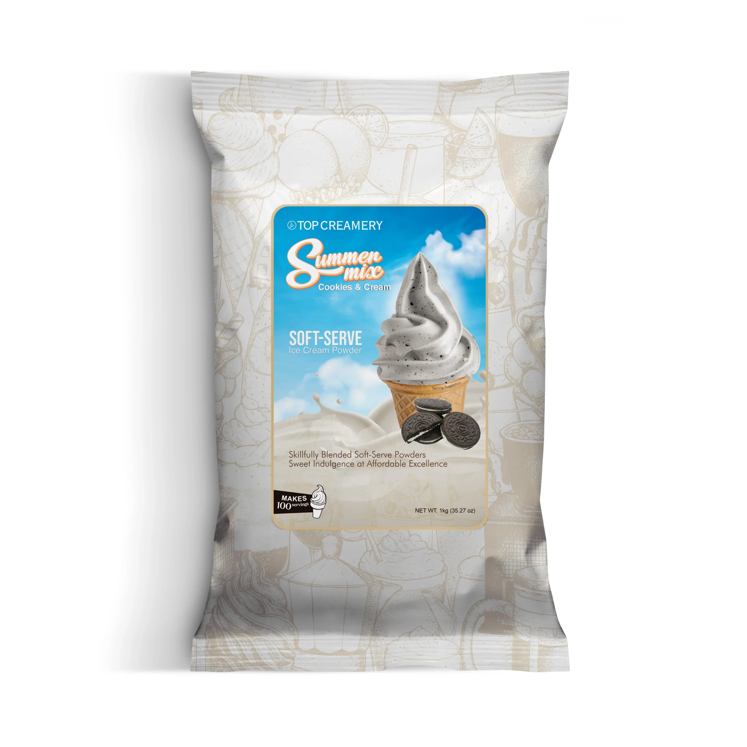 Bag of Summer Mix cookies and cream soft-serve ice cream powder with a blue label and cookie imagery on the front.
