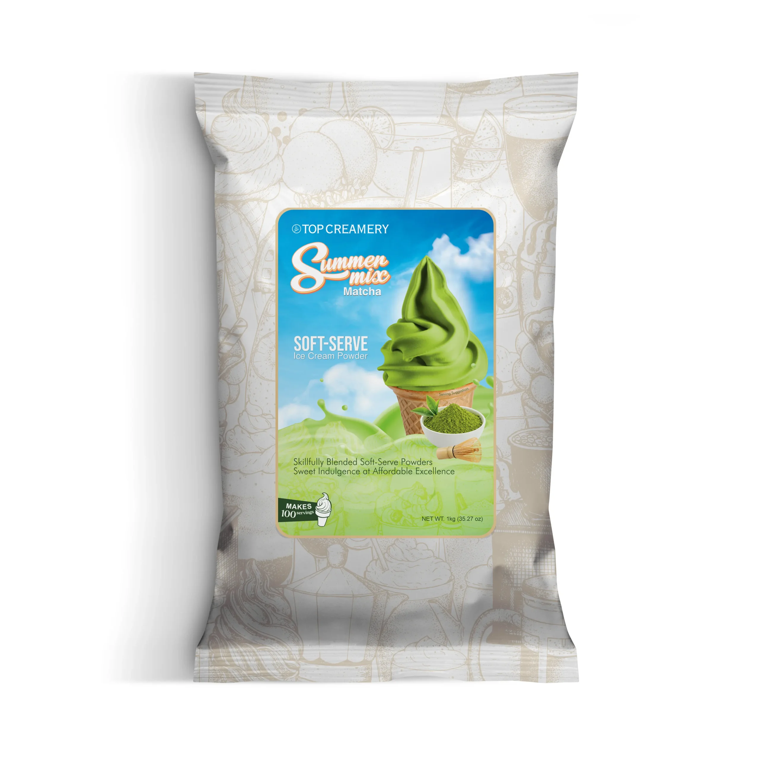 Bag-style packaging for Top Creamery Summer Mix soft-serve ice cream powder