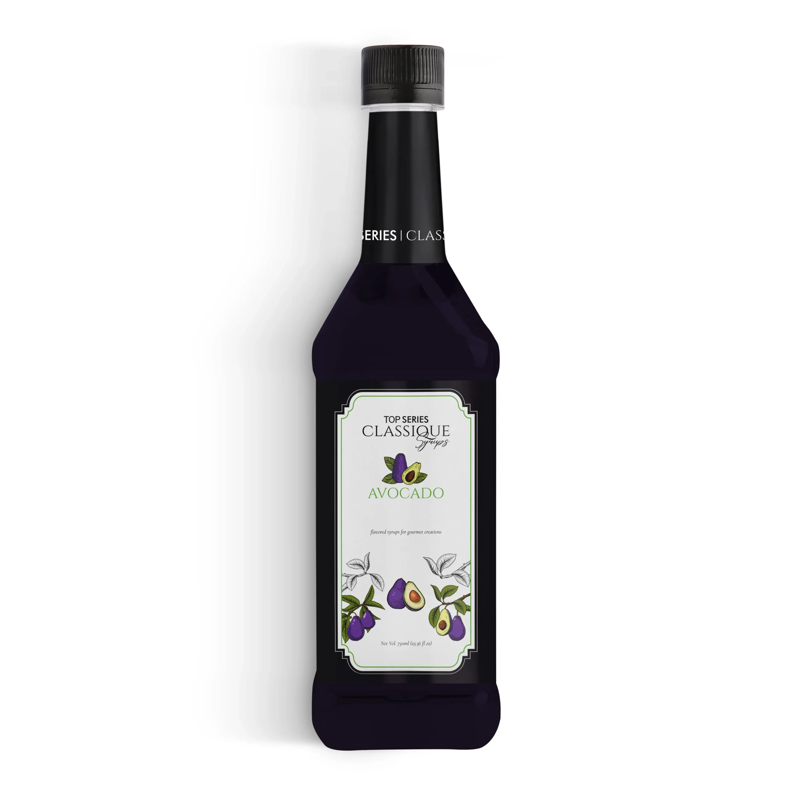 Four bottles in a row seen from the side with black labels and colorful botanical labels on the front panel