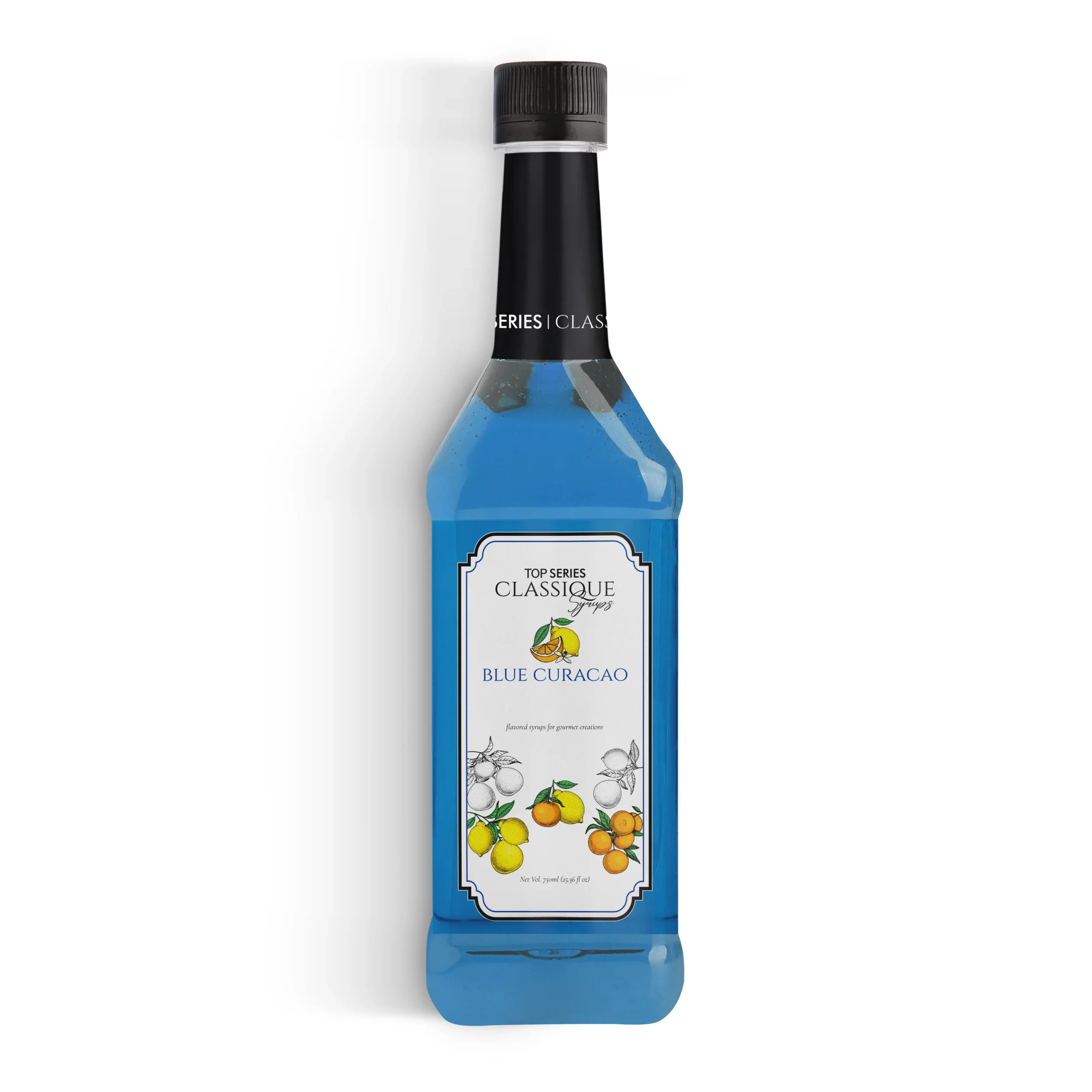 Row of four syrup bottles with black caps and citrus-themed labels