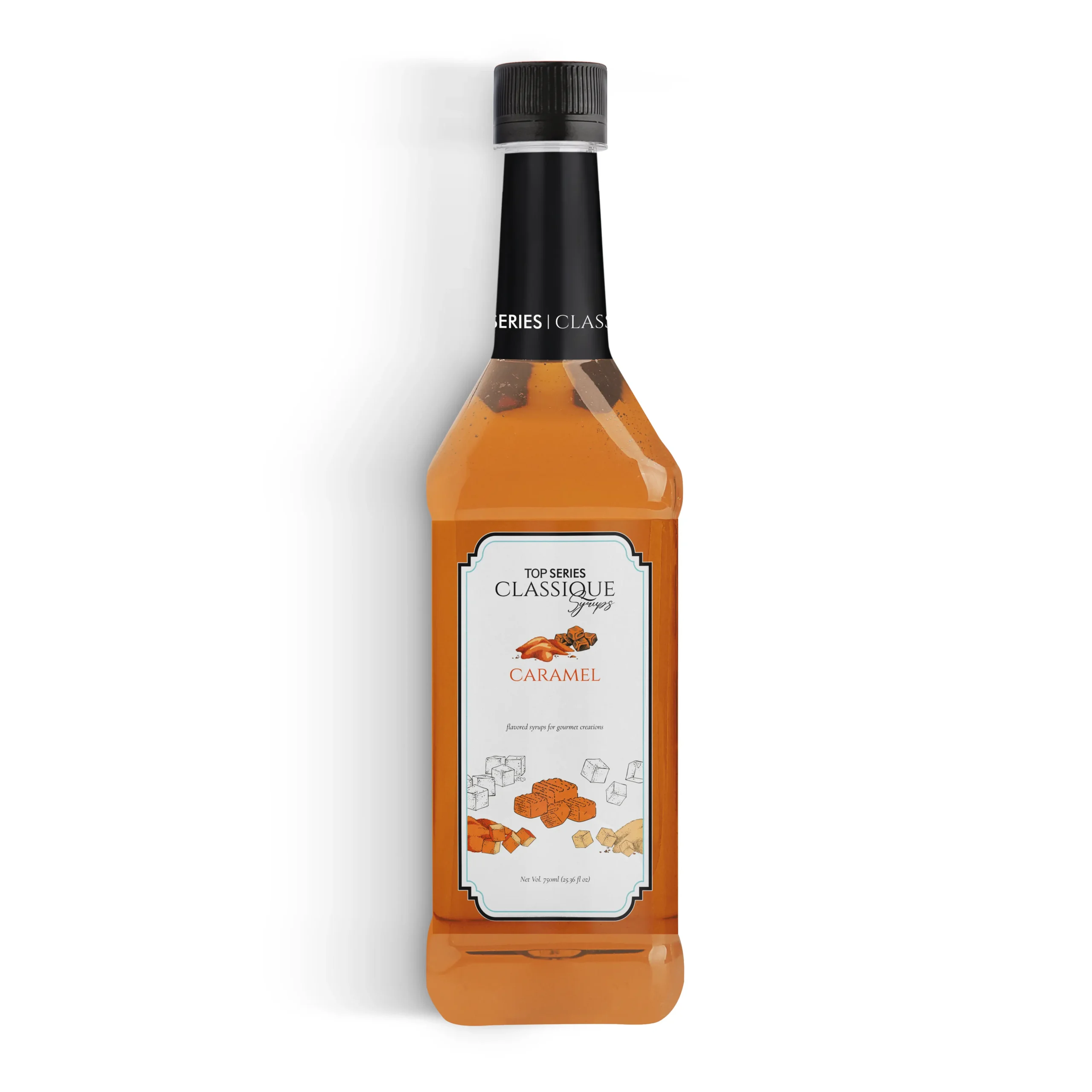 Four amber syrup bottles lined up in a row against a white background