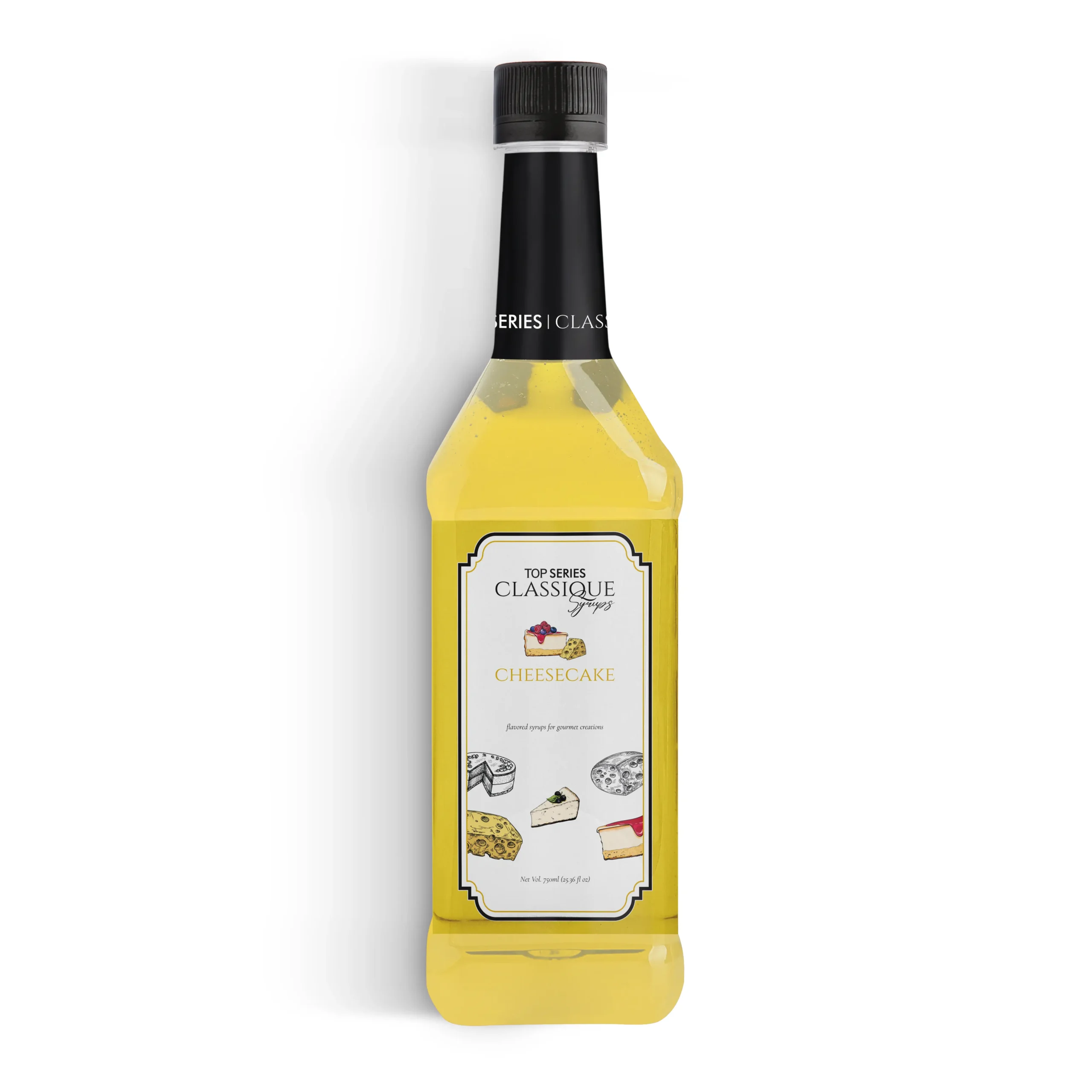 Row of four tall bottles with black caps and yellow labels arranged in a horizontal line