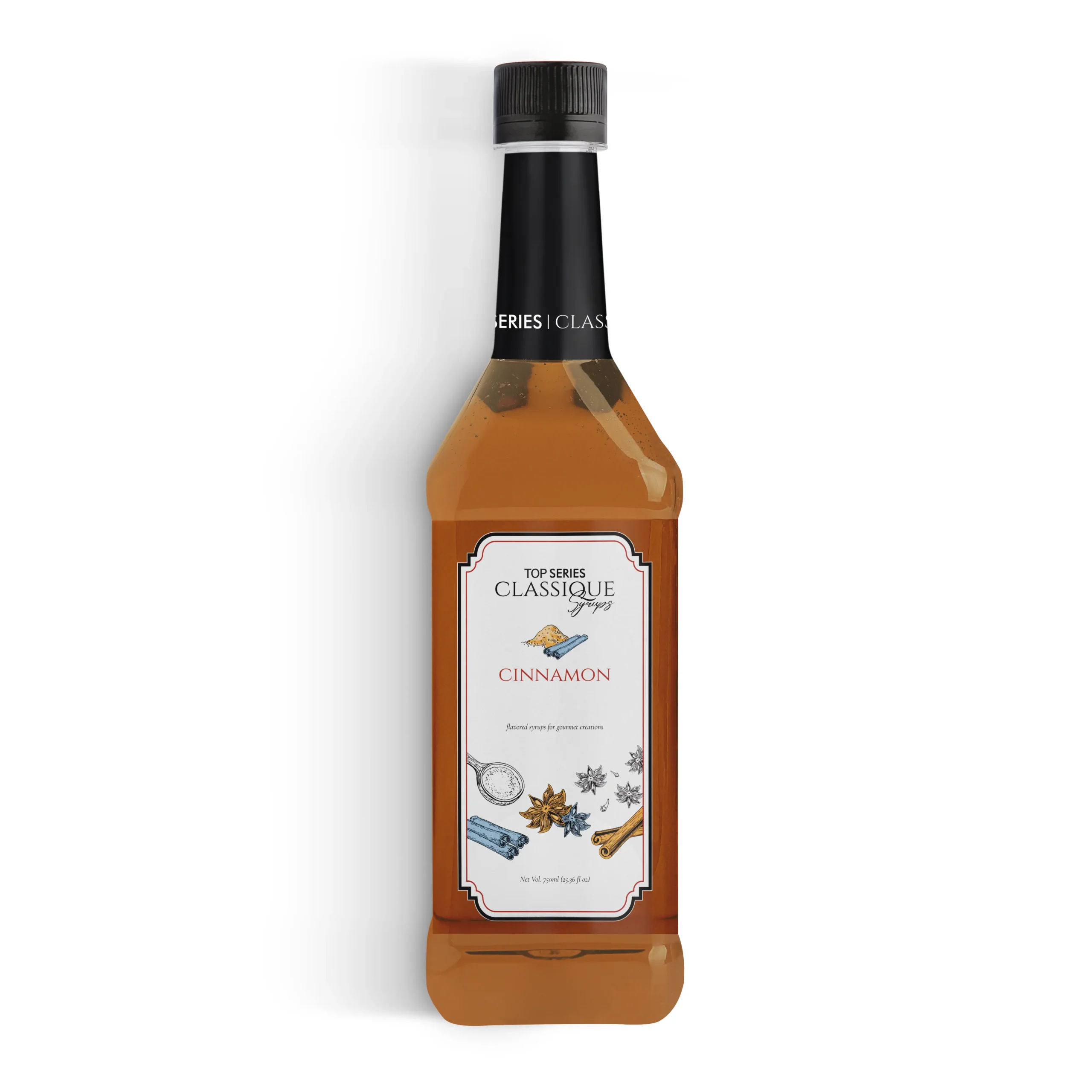 Four bottles in a row with black caps and cinnamon-spice label art on white background