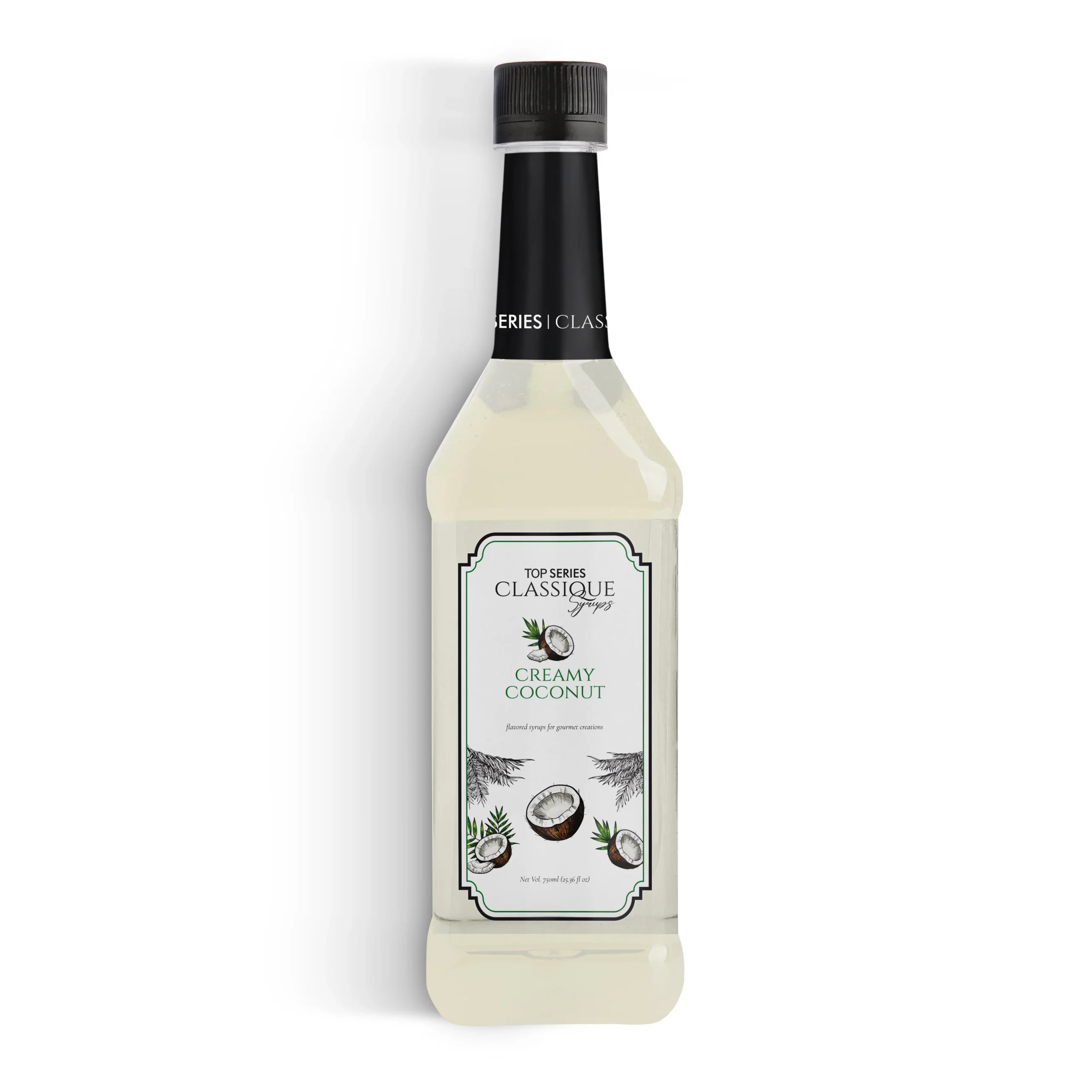 Row of four white syrup bottles with black caps