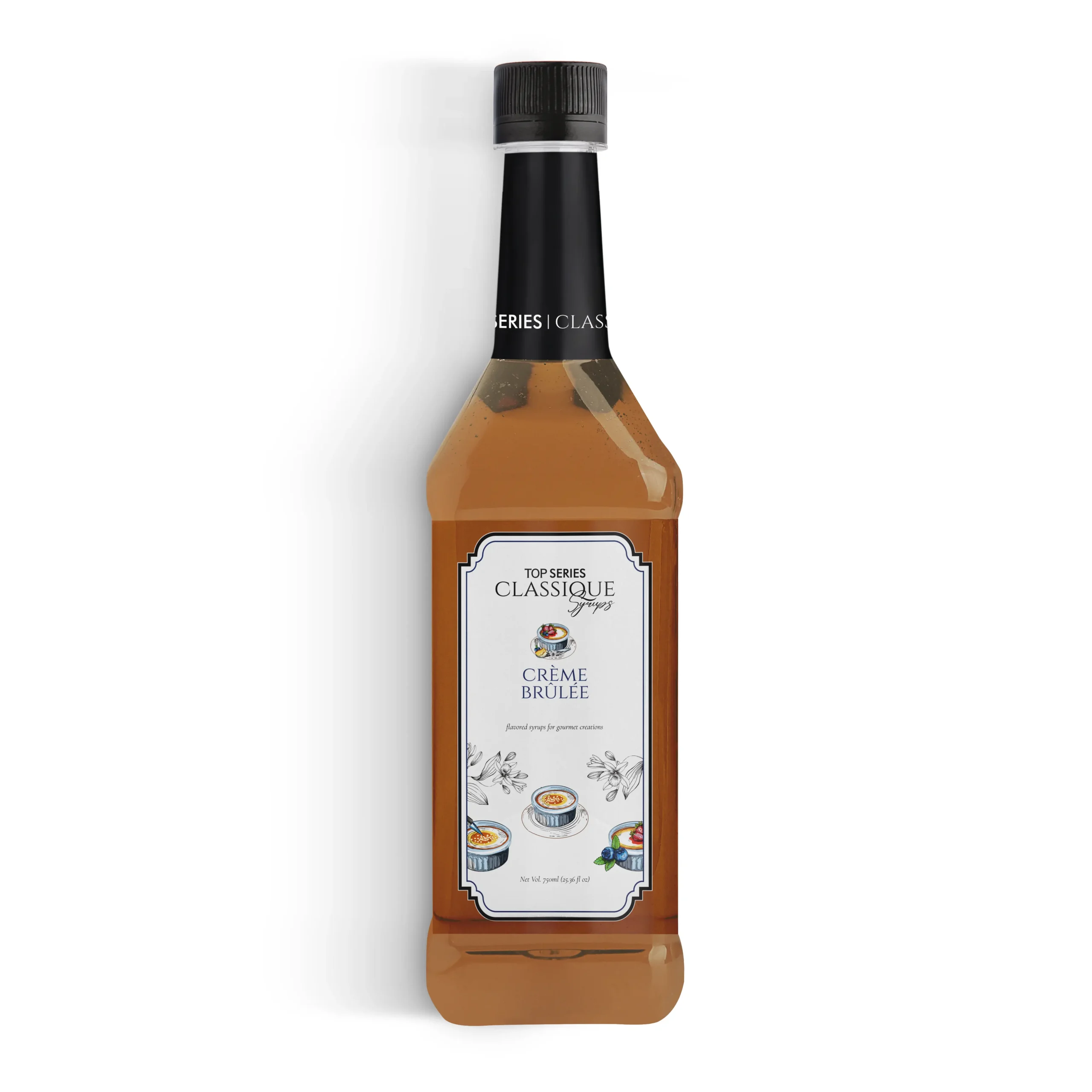 Four syrup bottles in a row with black caps and illustrated labels