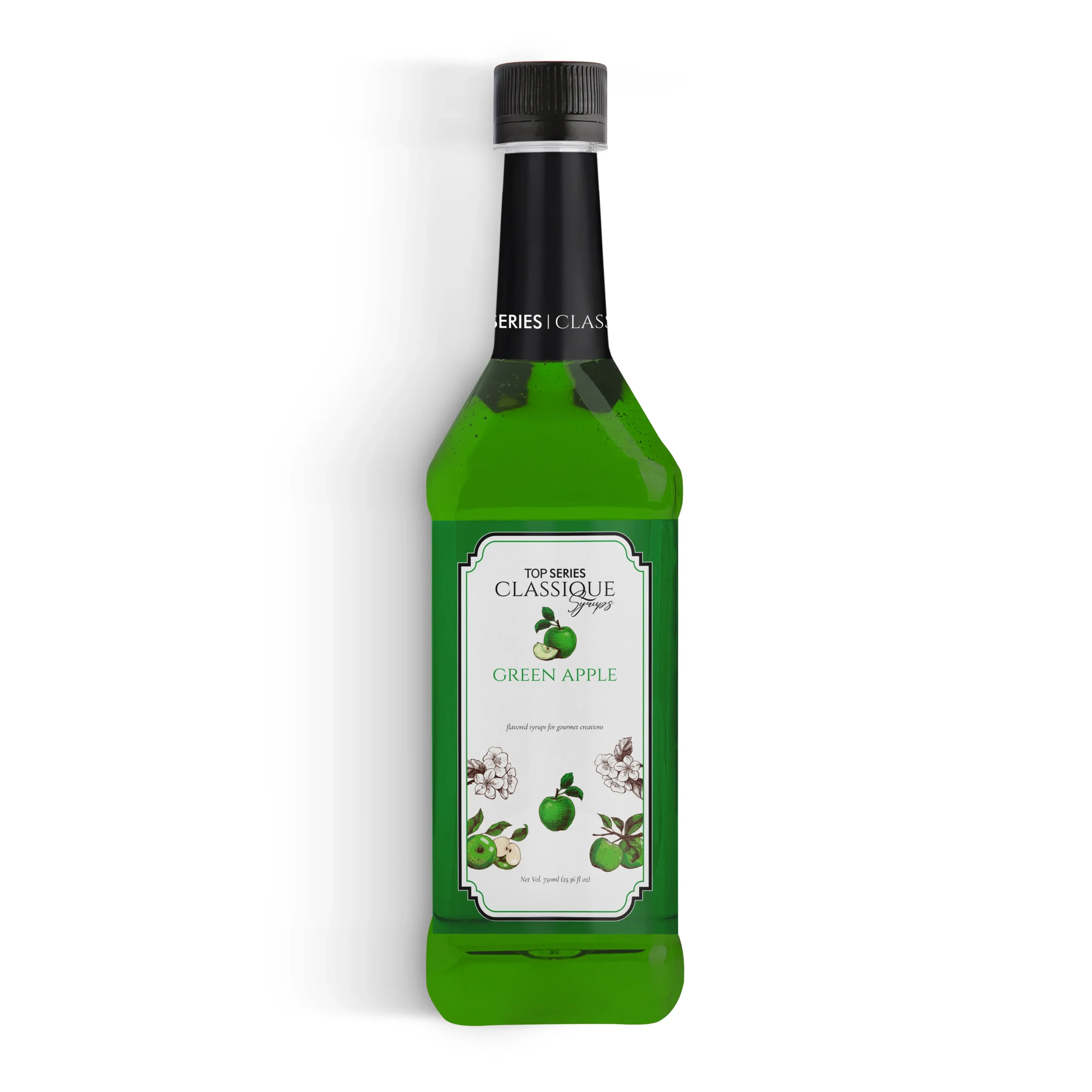 Row of four green glass bottles with black caps and white labels featuring fruit illustrations (green apple) and text details visible at the bottom edge