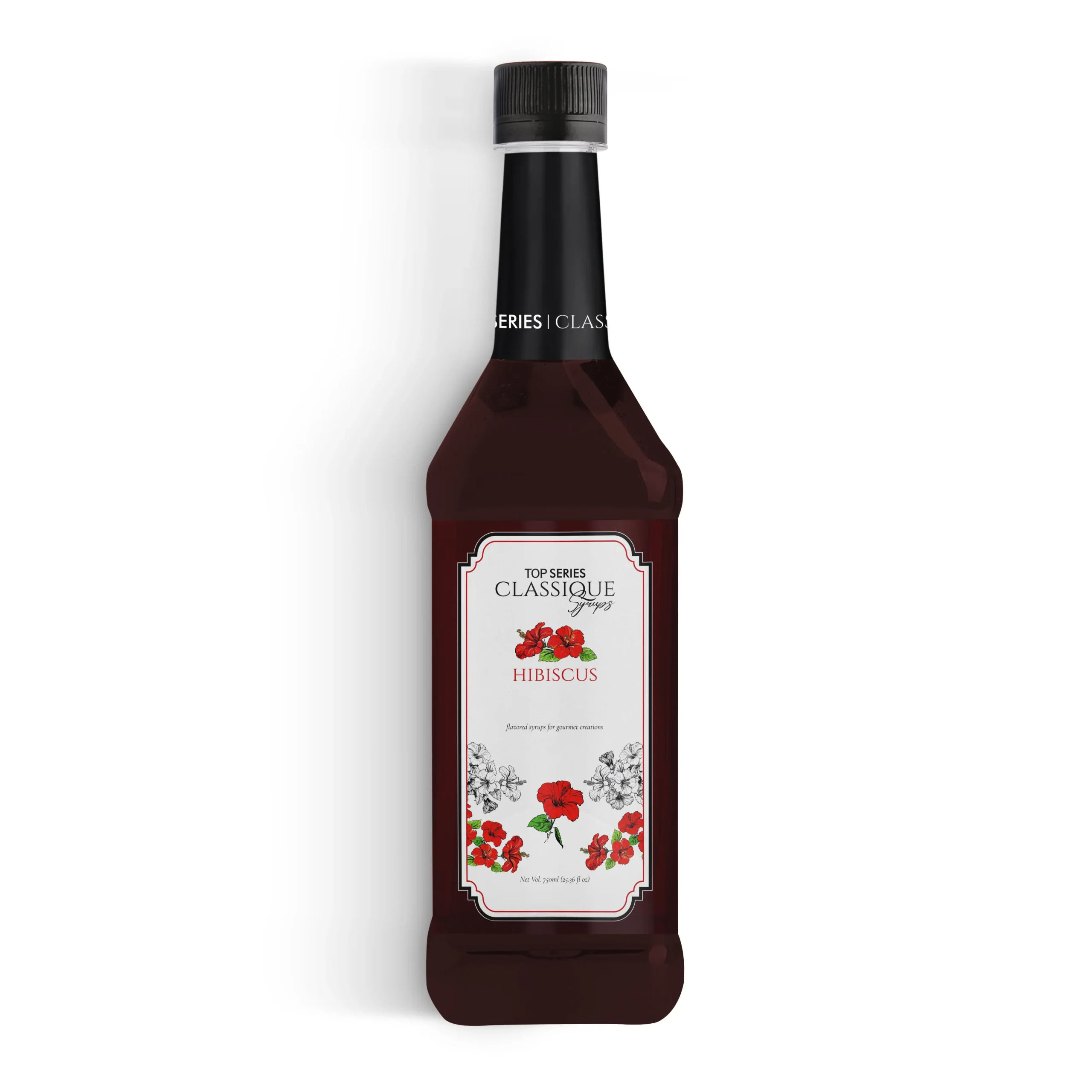 Row of four syrup bottles with black caps lined up