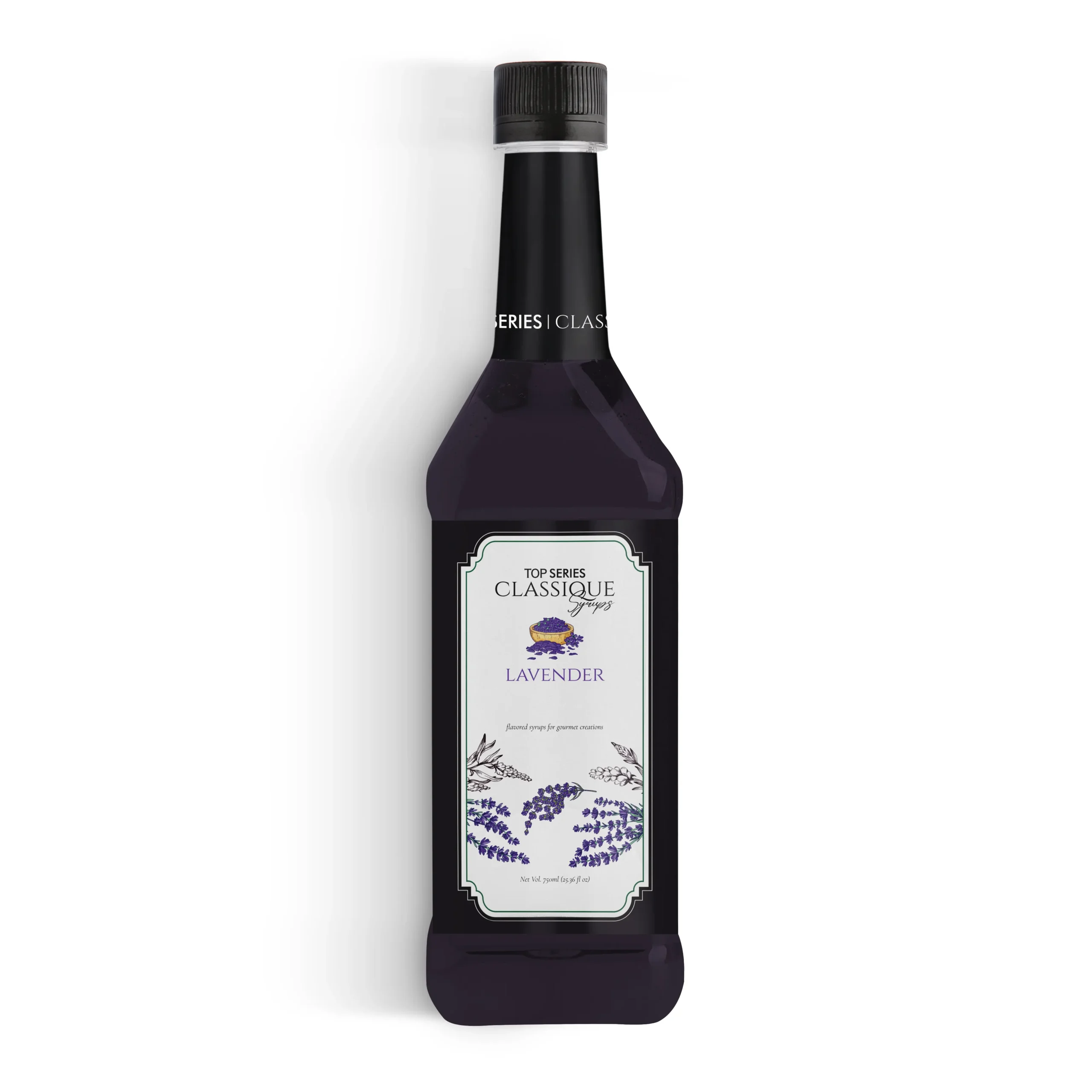 Row of four bottles with lavender-themed labels and black caps
