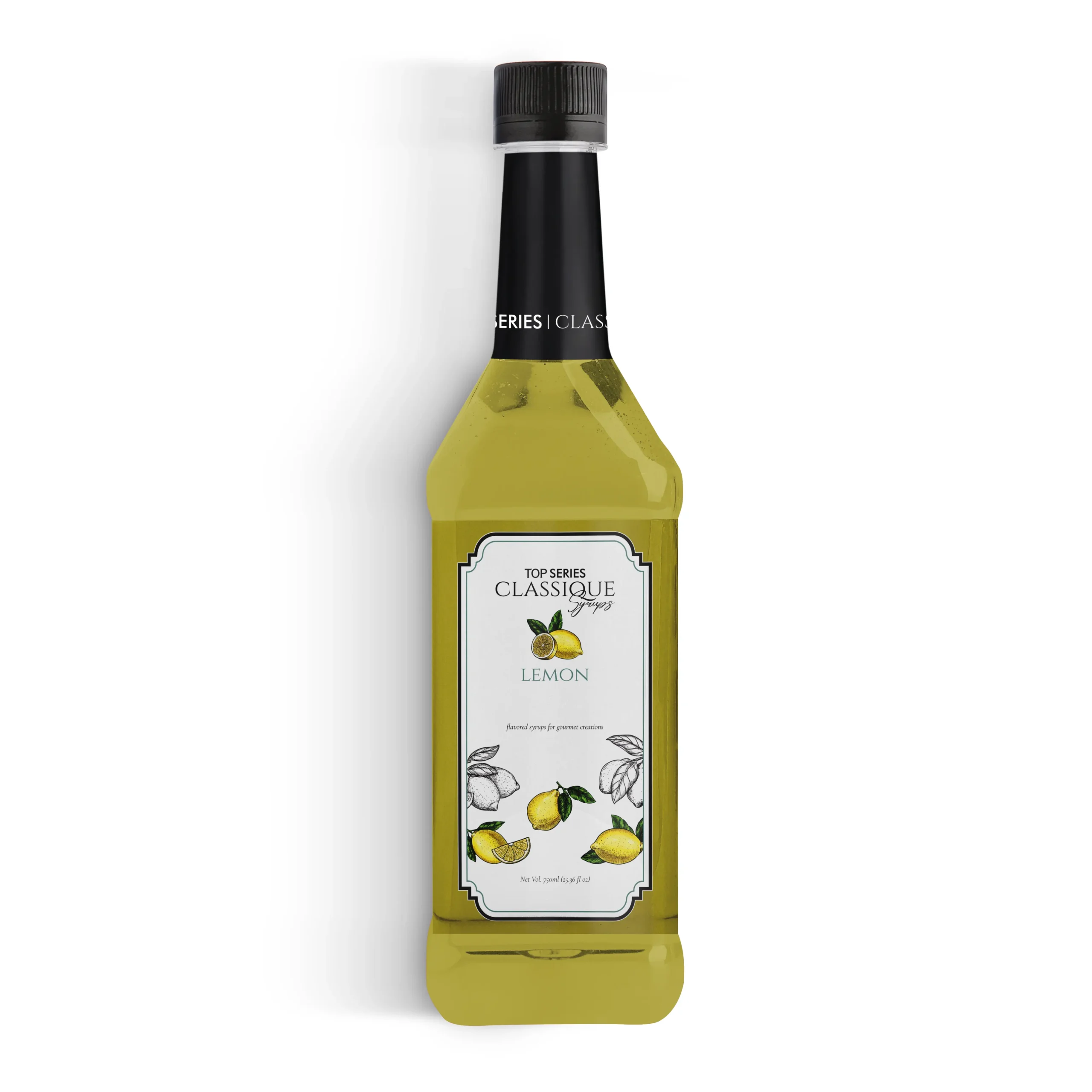 Four bottles of lemon syrup lined up in a row