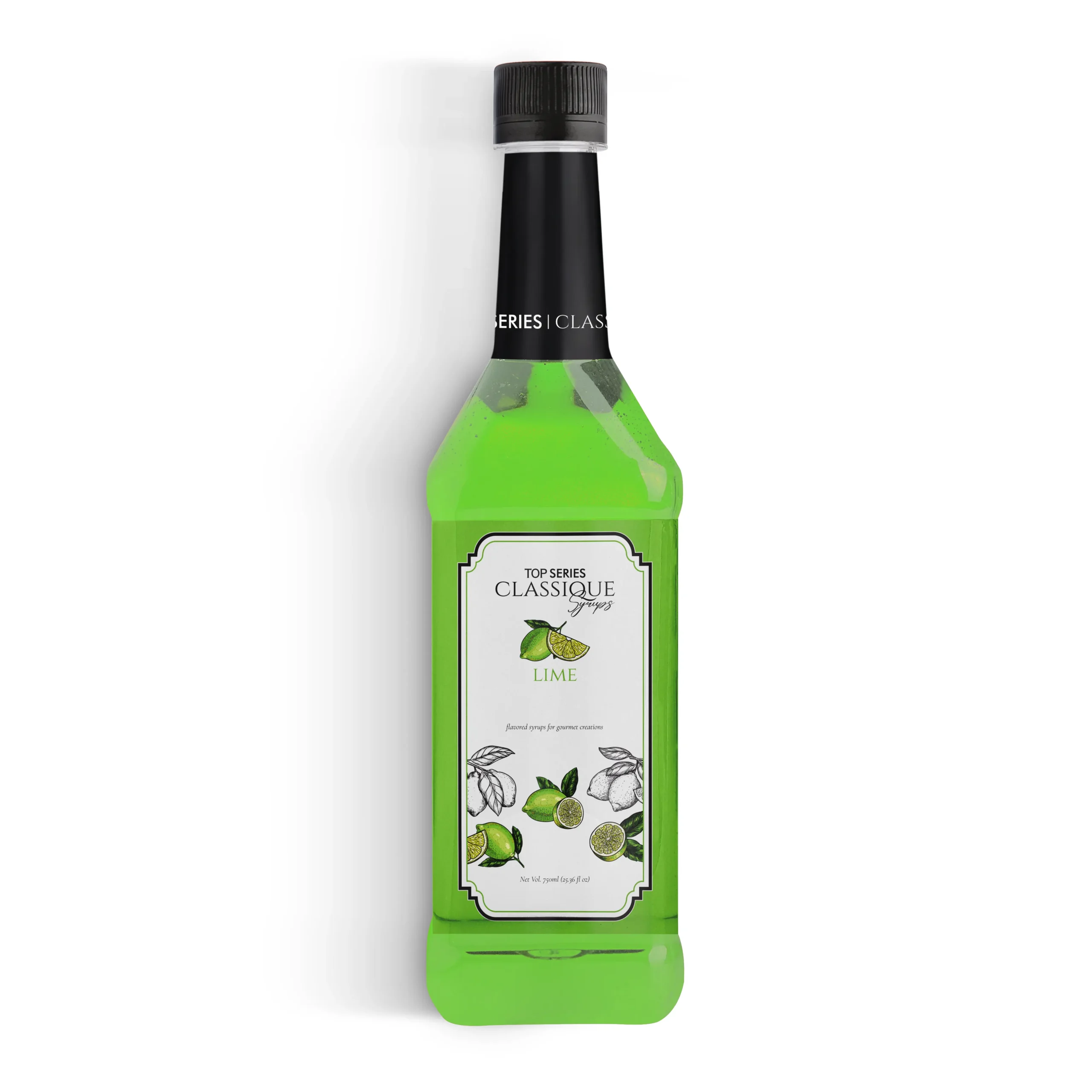 Four green lime syrup bottles standing upright in a row