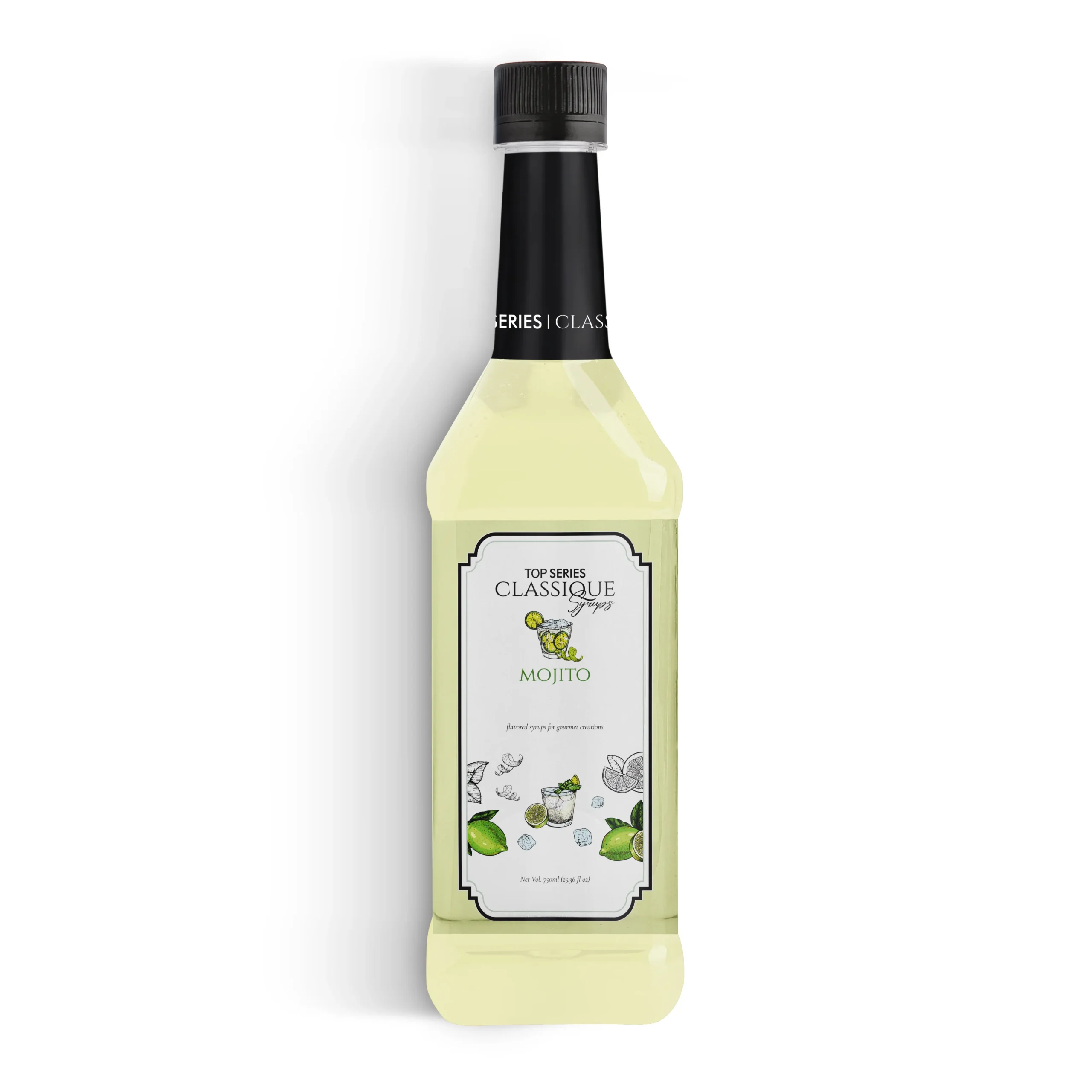 Row of four pale-yellow bottles with black caps