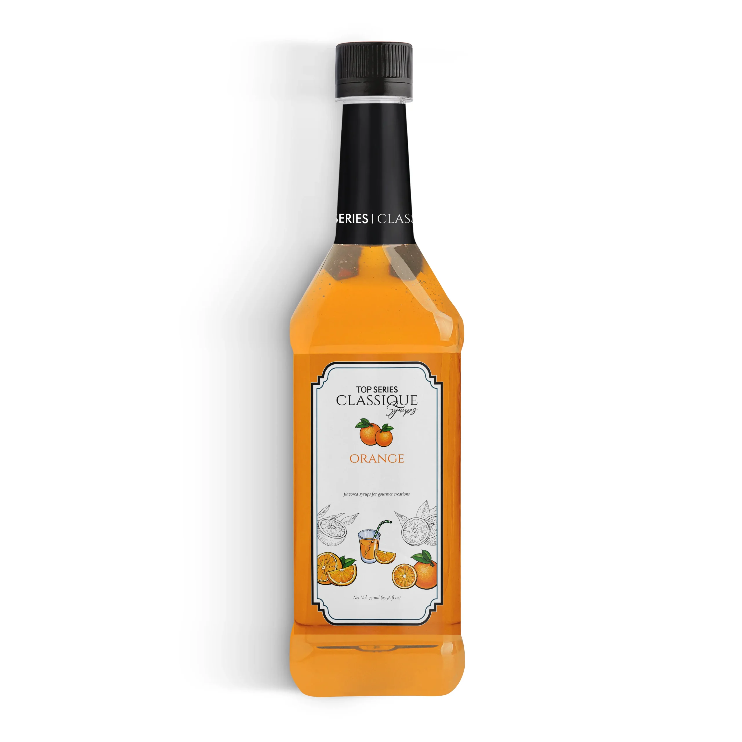 Bottle of orange syrup on the left