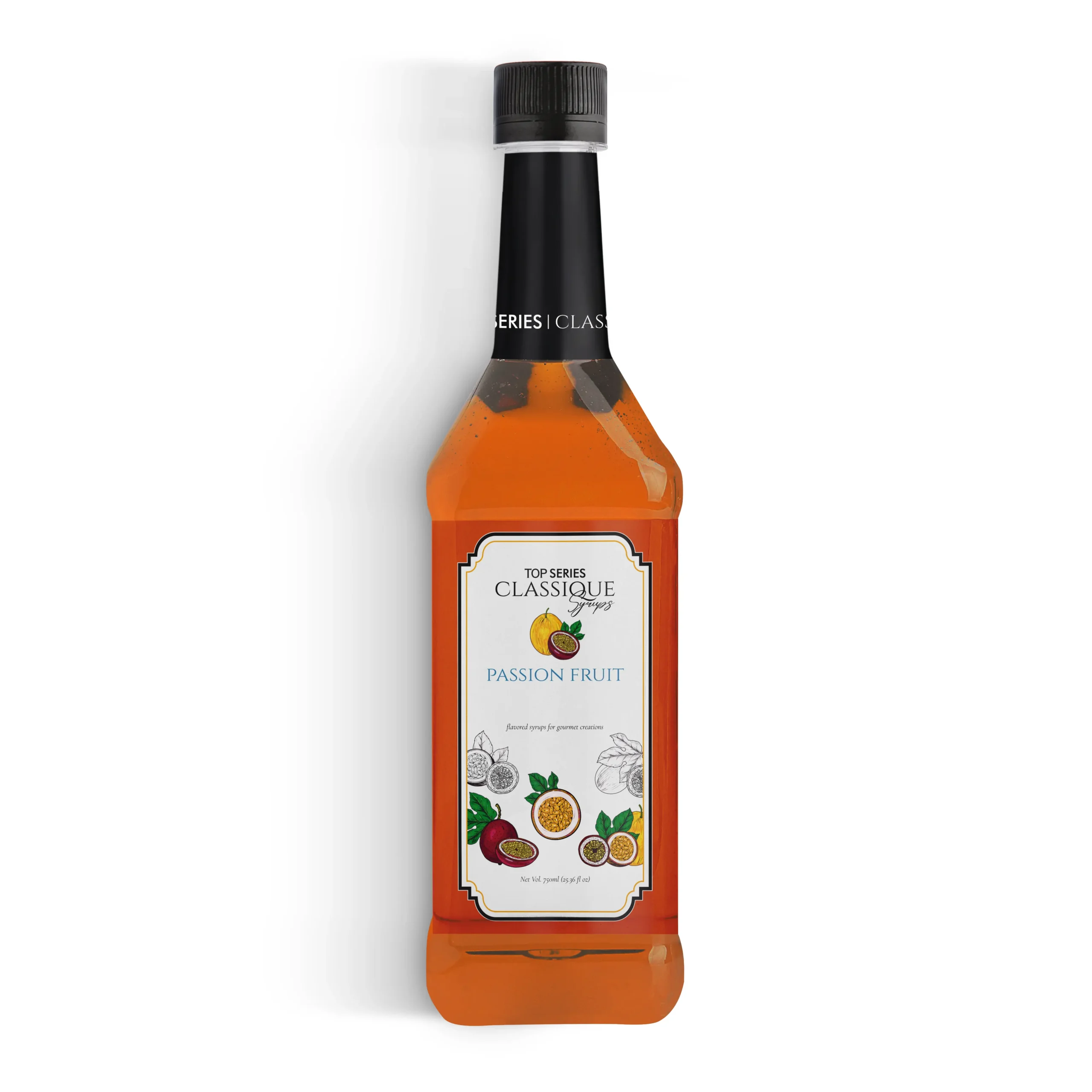 Four syrup bottles with black caps lined up on a white background