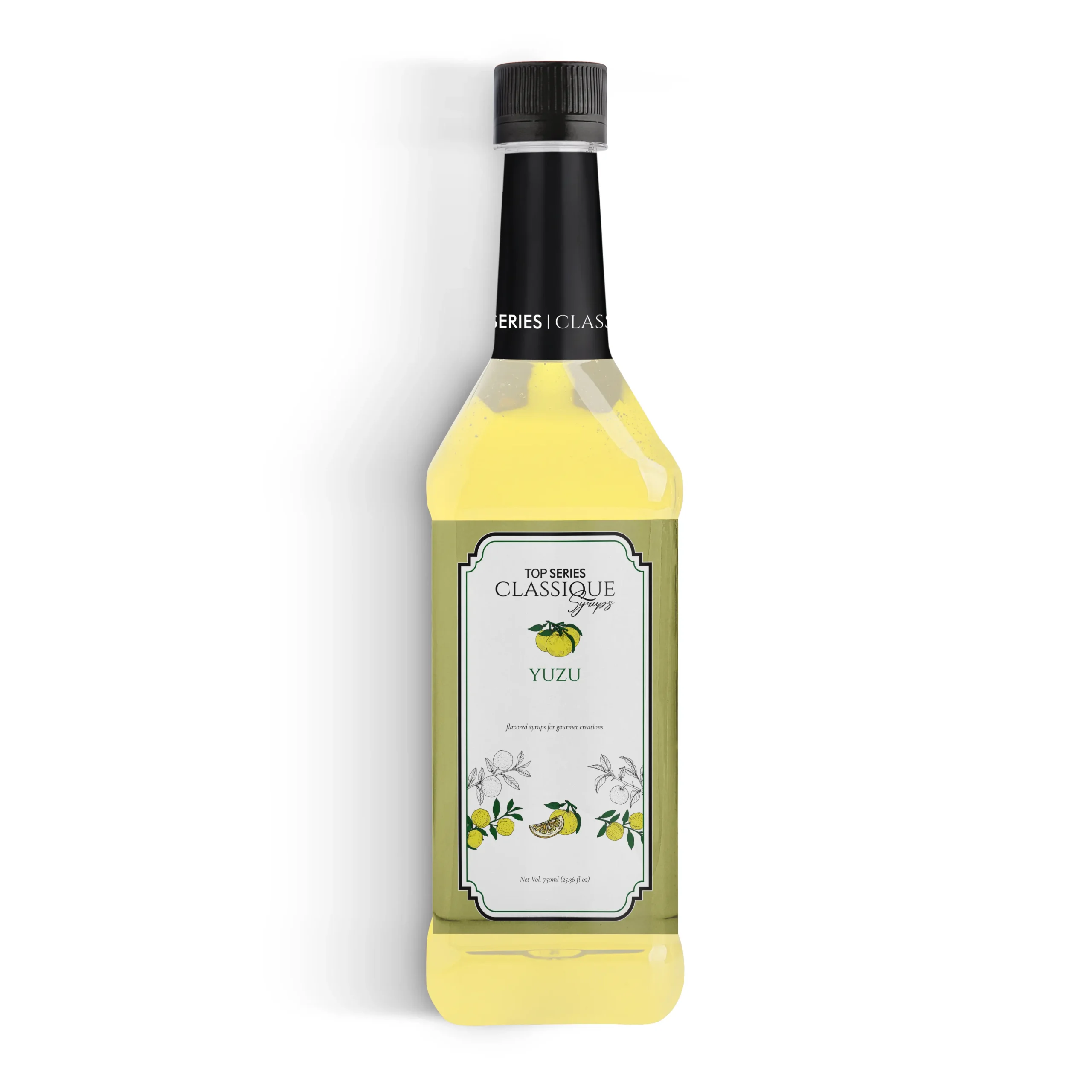 Row of four lemon syrup bottles with black caps and yellow liquid against a white background